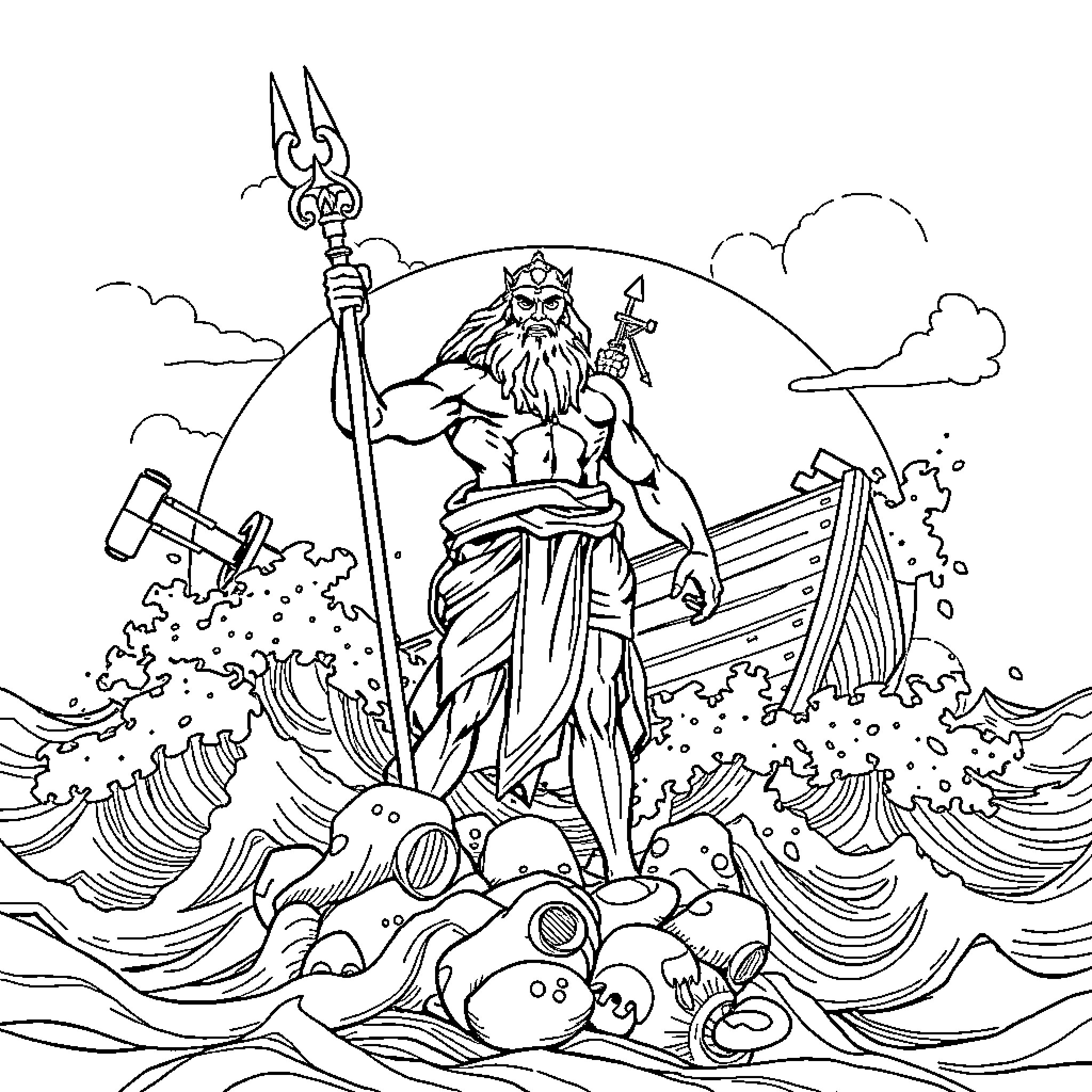 Poseidon, God of the Sea, Ruling the Waves Coloring Page (free black-and-white line drawing printable PDF for all, from beginners to advanced learners, including children, teens, adults, and seniors)