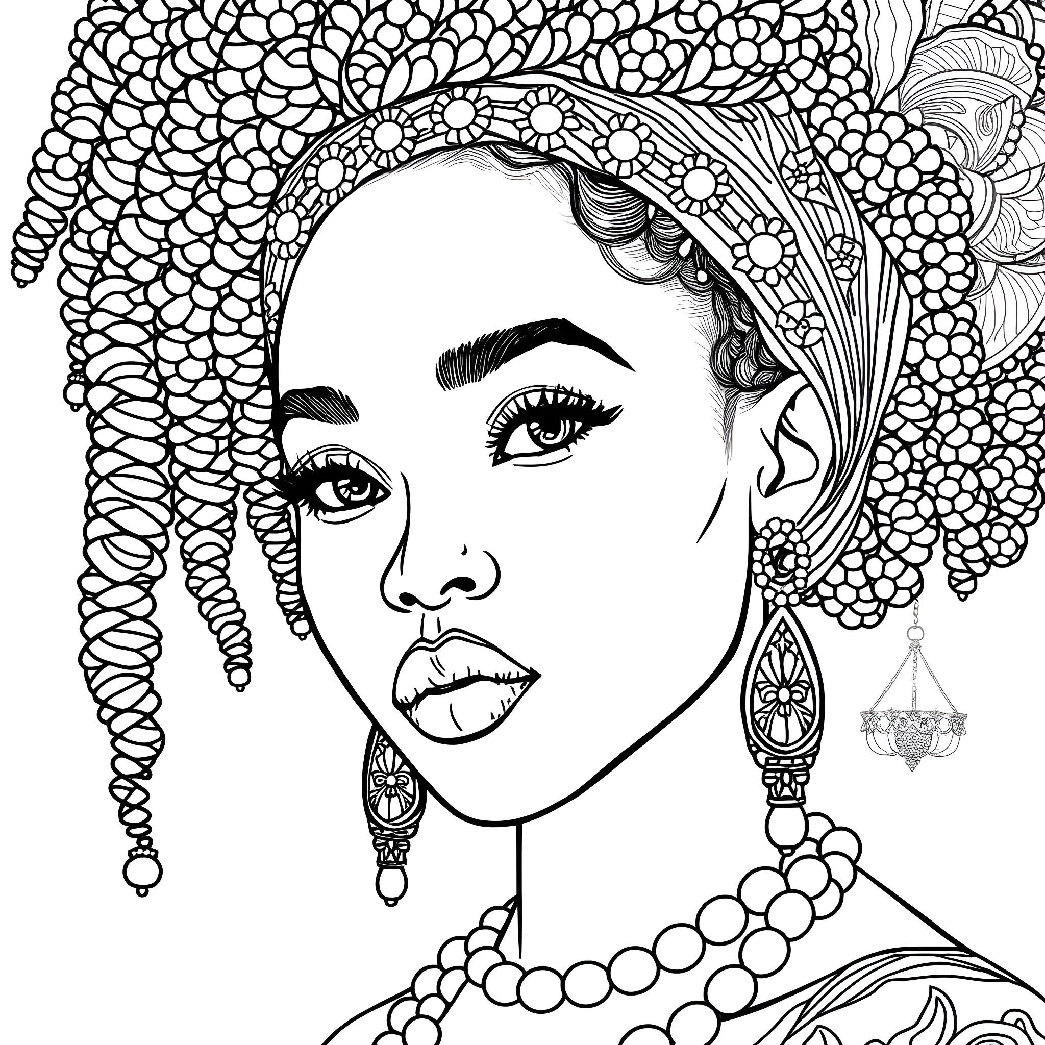 Woman with intricate floral headdress and jewelry Coloring Page (free black-and-white line drawing printable PDF for all, from beginners to advanced learners, including children, teens, adults, and seniors)