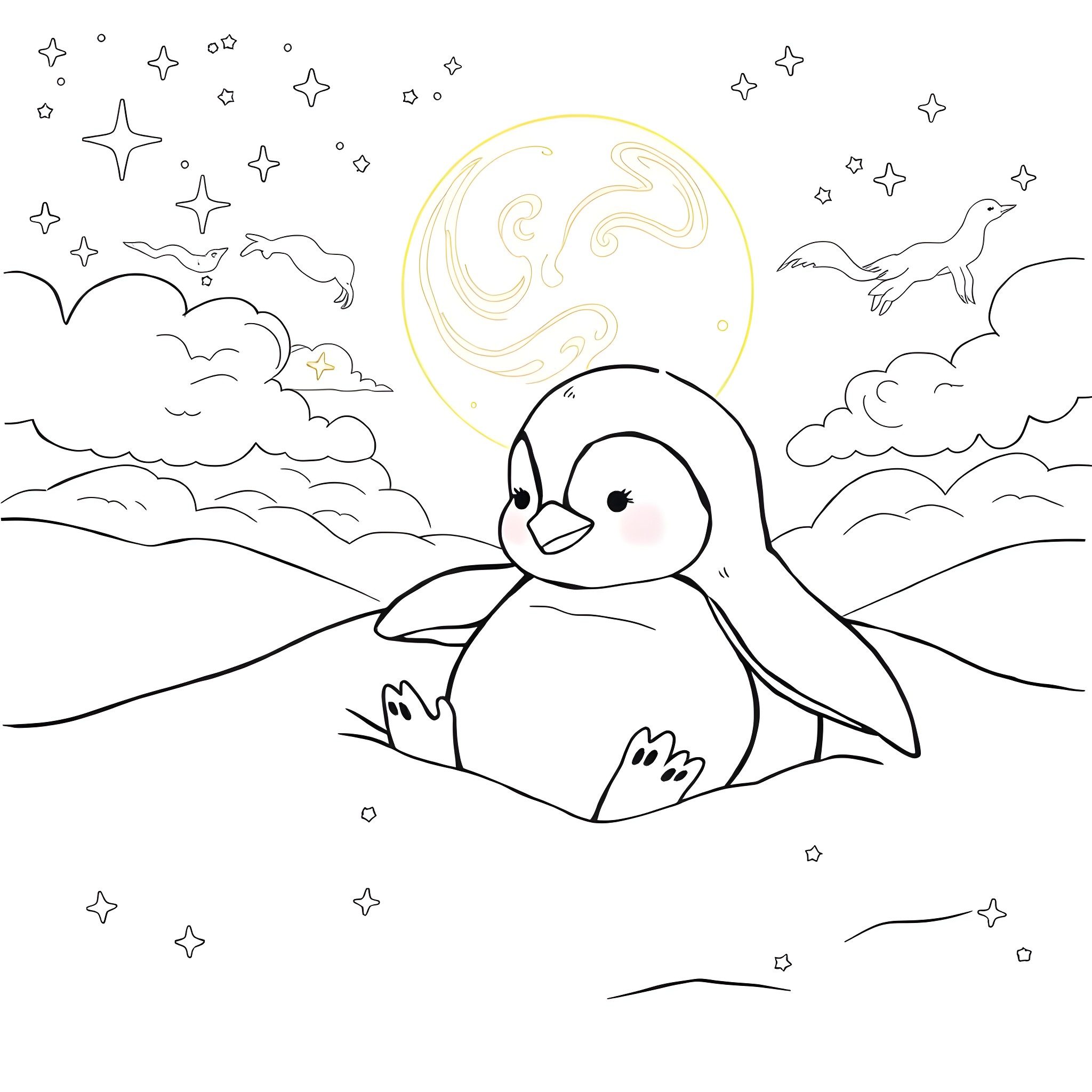 Penguin enjoying a starry night Coloring Page (free black-and-white line drawing printable PDF for all, from beginners to advanced learners, including children, teens, adults, and seniors)