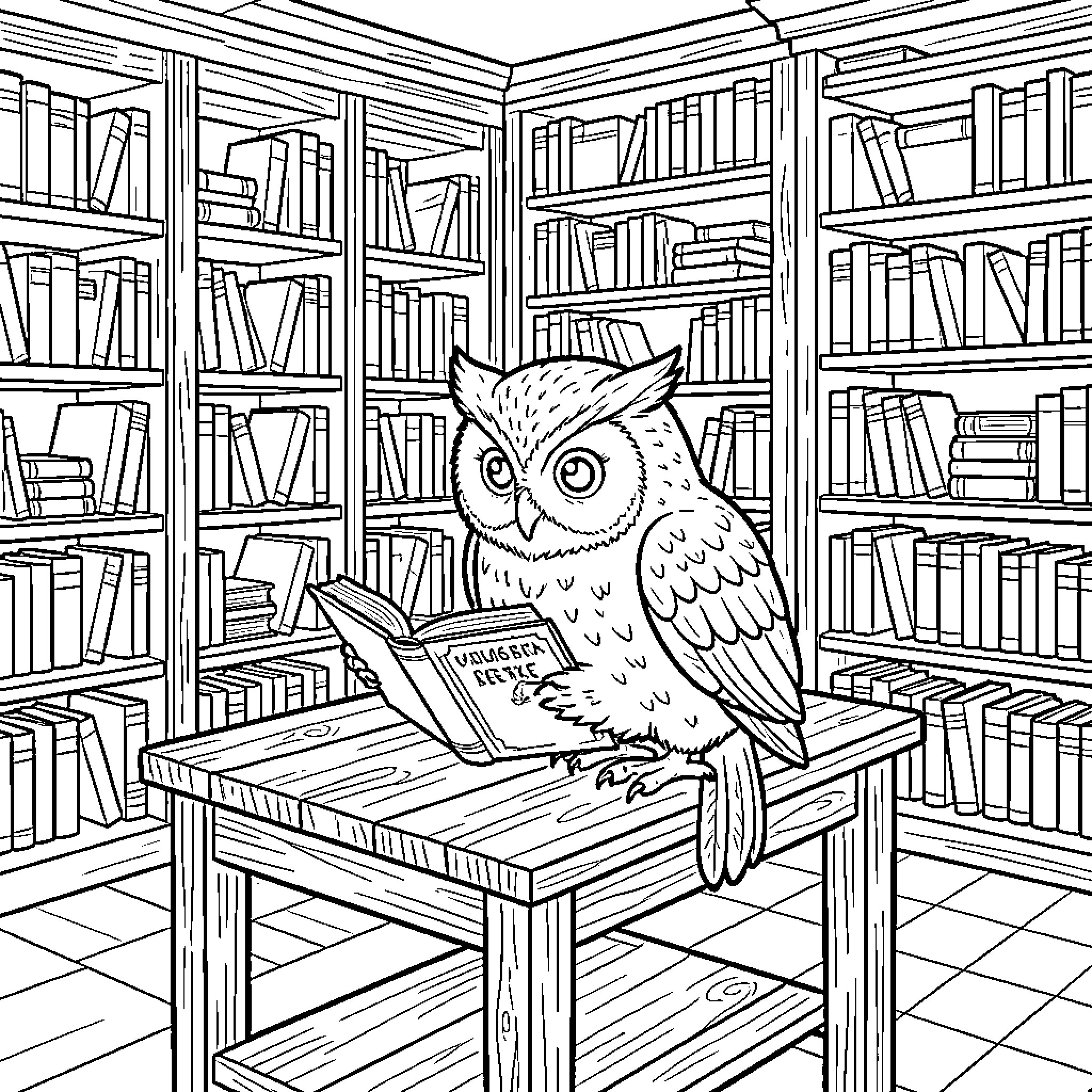 Owl reading a book in a library Coloring Page (free black-and-white line drawing printable PDF for all, from beginners to advanced learners, including children, teens, adults, and seniors)