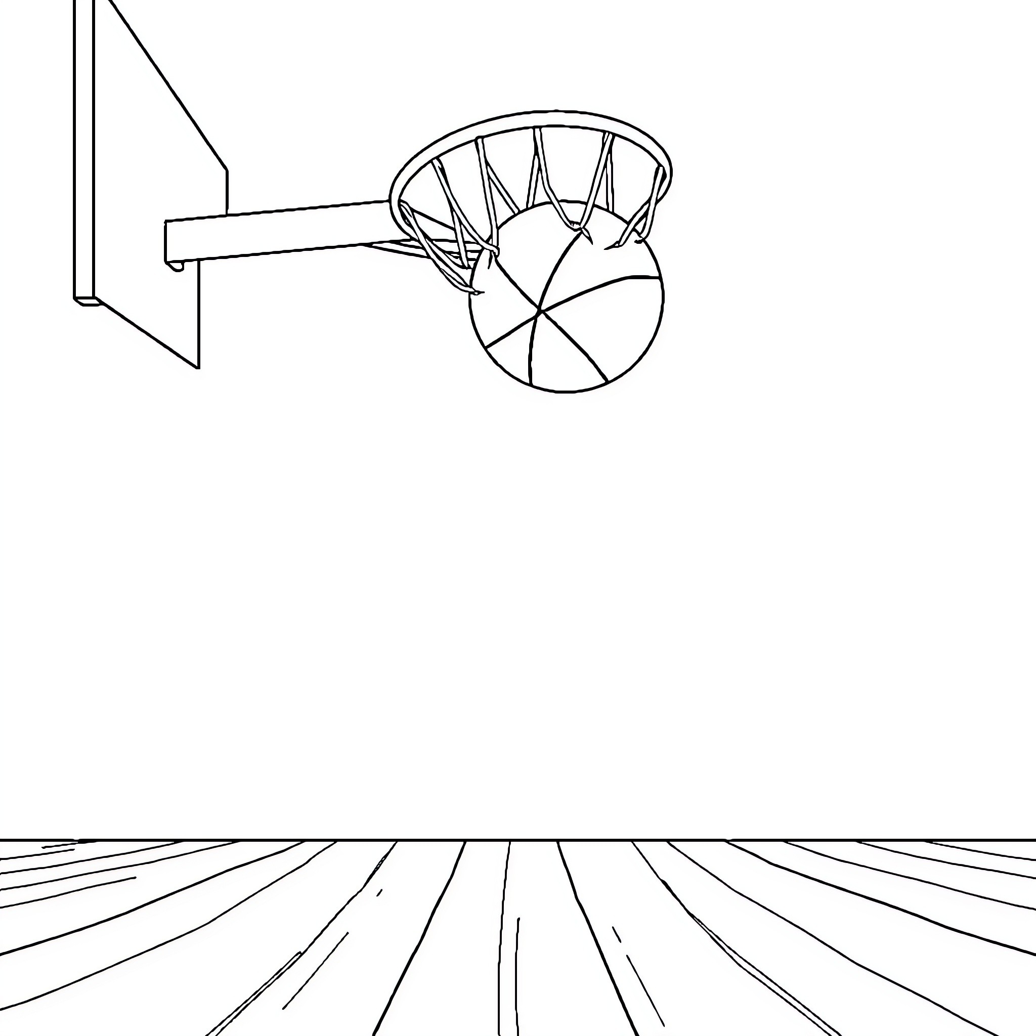 Basketball hoop and ball in a minimalist court Coloring Page (free black-and-white line drawing printable PDF for all, from beginners to advanced learners, including children, teens, adults, and seniors)