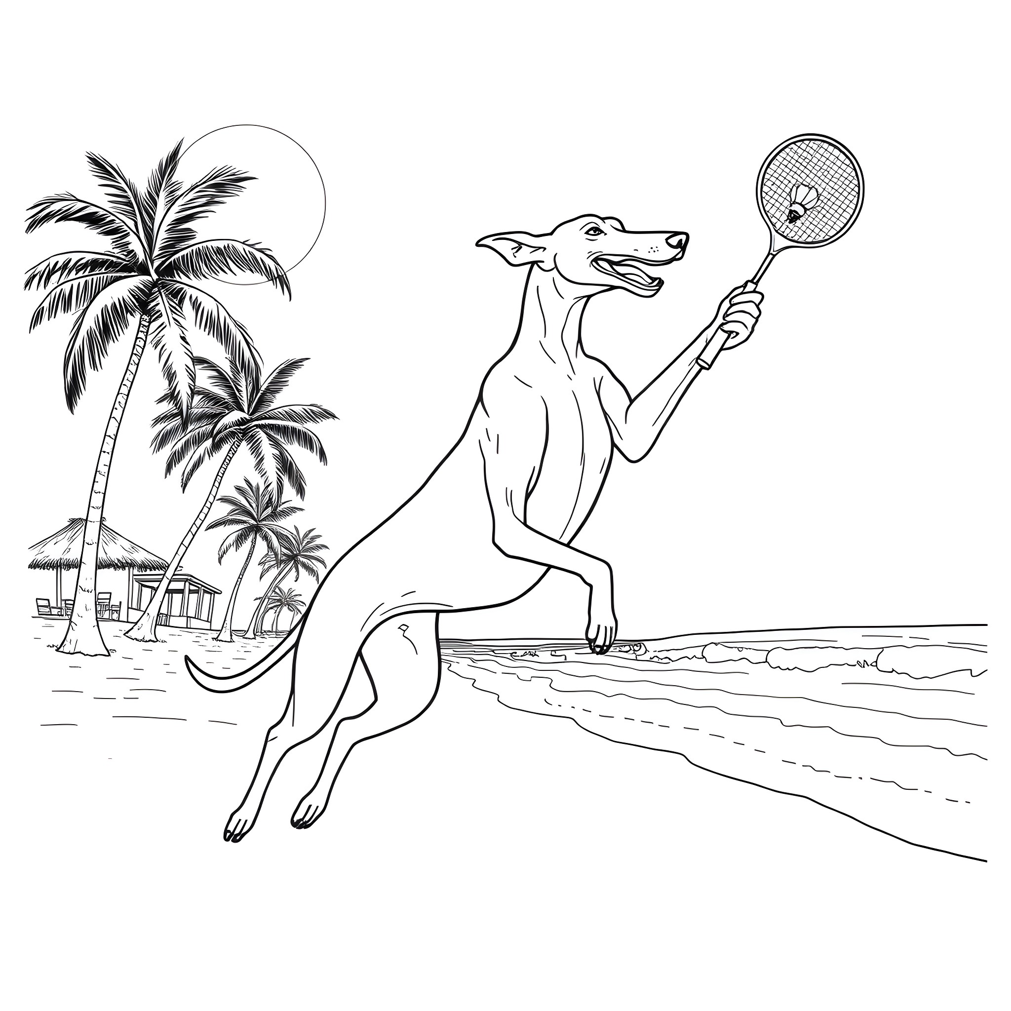 Greyhound playing with racquet on tropical beach Coloring Page (free black-and-white line drawing printable PDF for all, from beginners to advanced learners, including children, teens, adults, and seniors)
