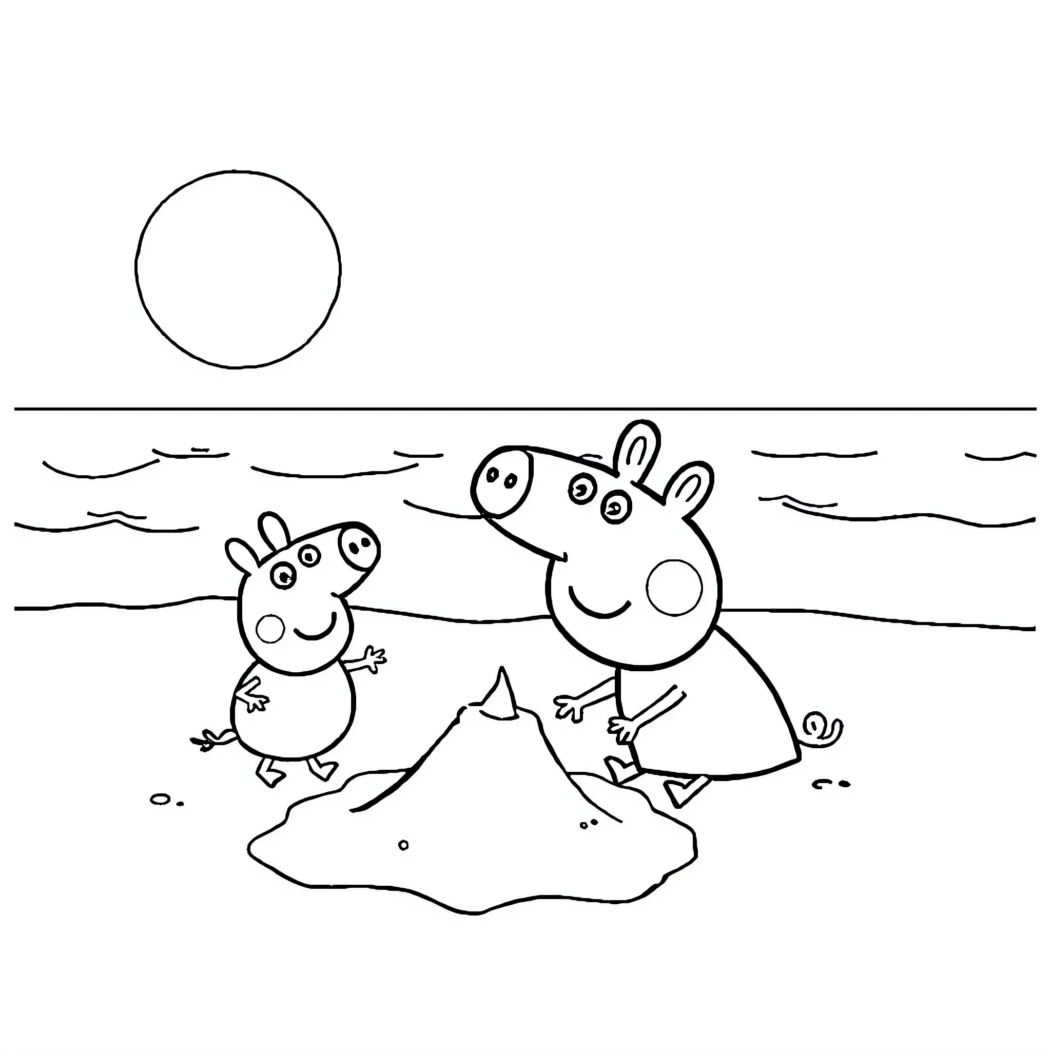 Peppa Pig and friends playing in the sand Coloring Page (free black-and-white line drawing printable PDF for all, from beginners to advanced learners, including children, teens, adults, and seniors)