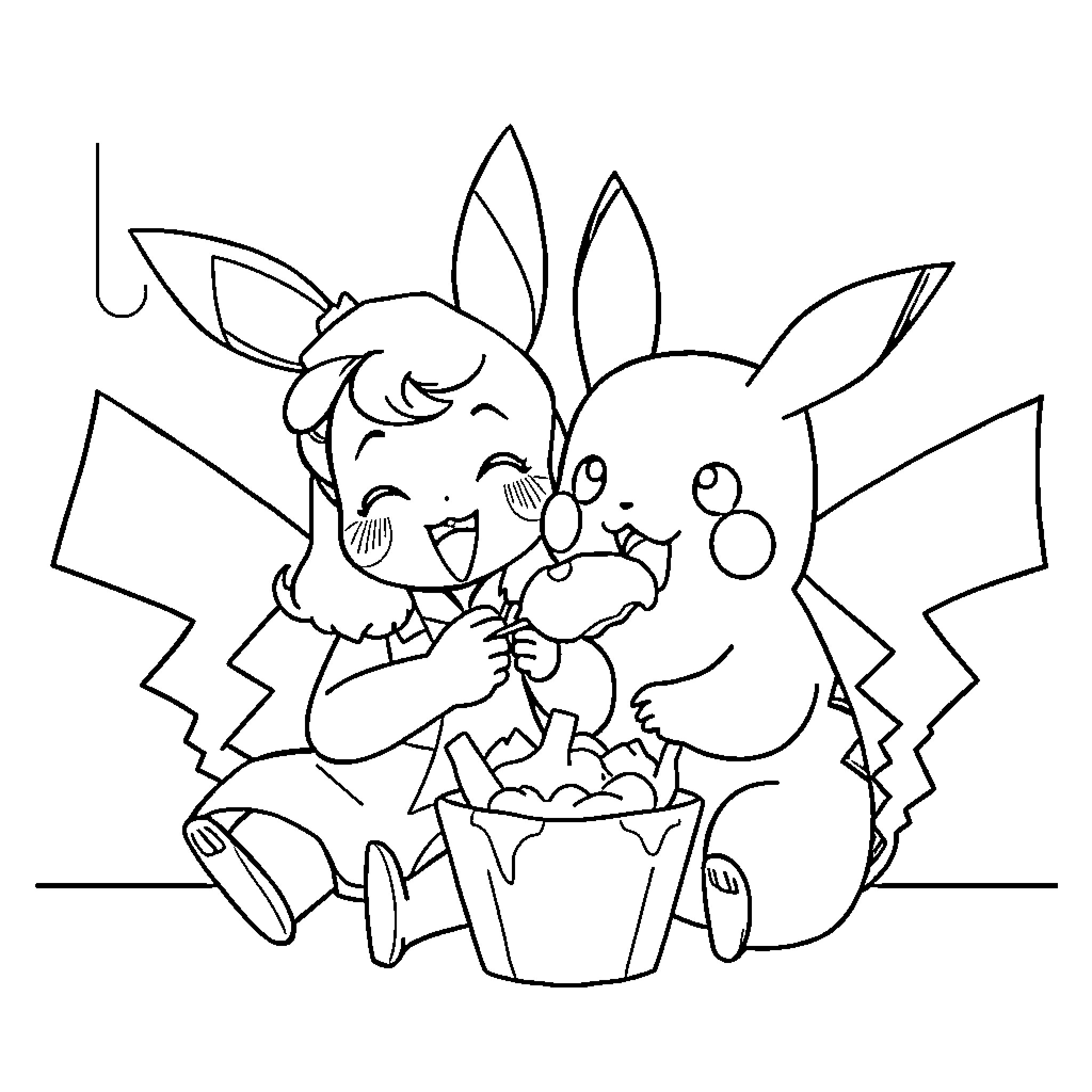 Uni Pikachu and Piplup playing together Coloring Page (free black-and-white line drawing printable PDF for all, from beginners to advanced learners, including children, teens, adults, and seniors)