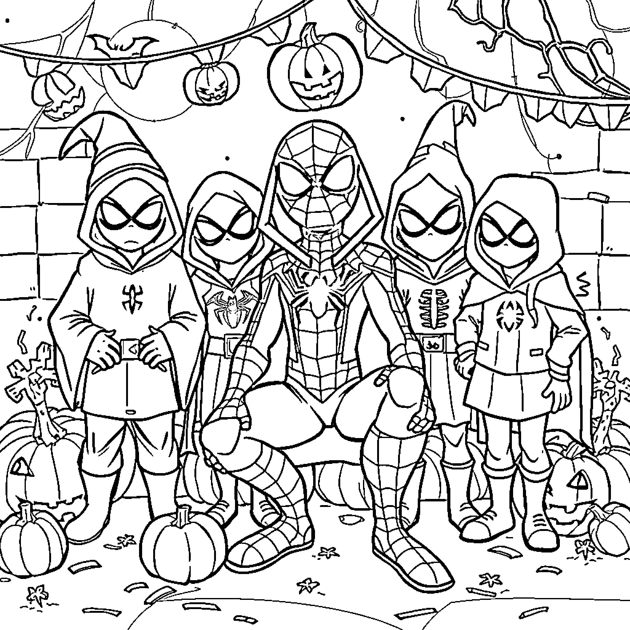 Spider-Themed Characters Gather for Halloween Celebration Coloring Page (free black-and-white line drawing printable PDF for all, from beginners to advanced learners, including children, teens, adults, and seniors)