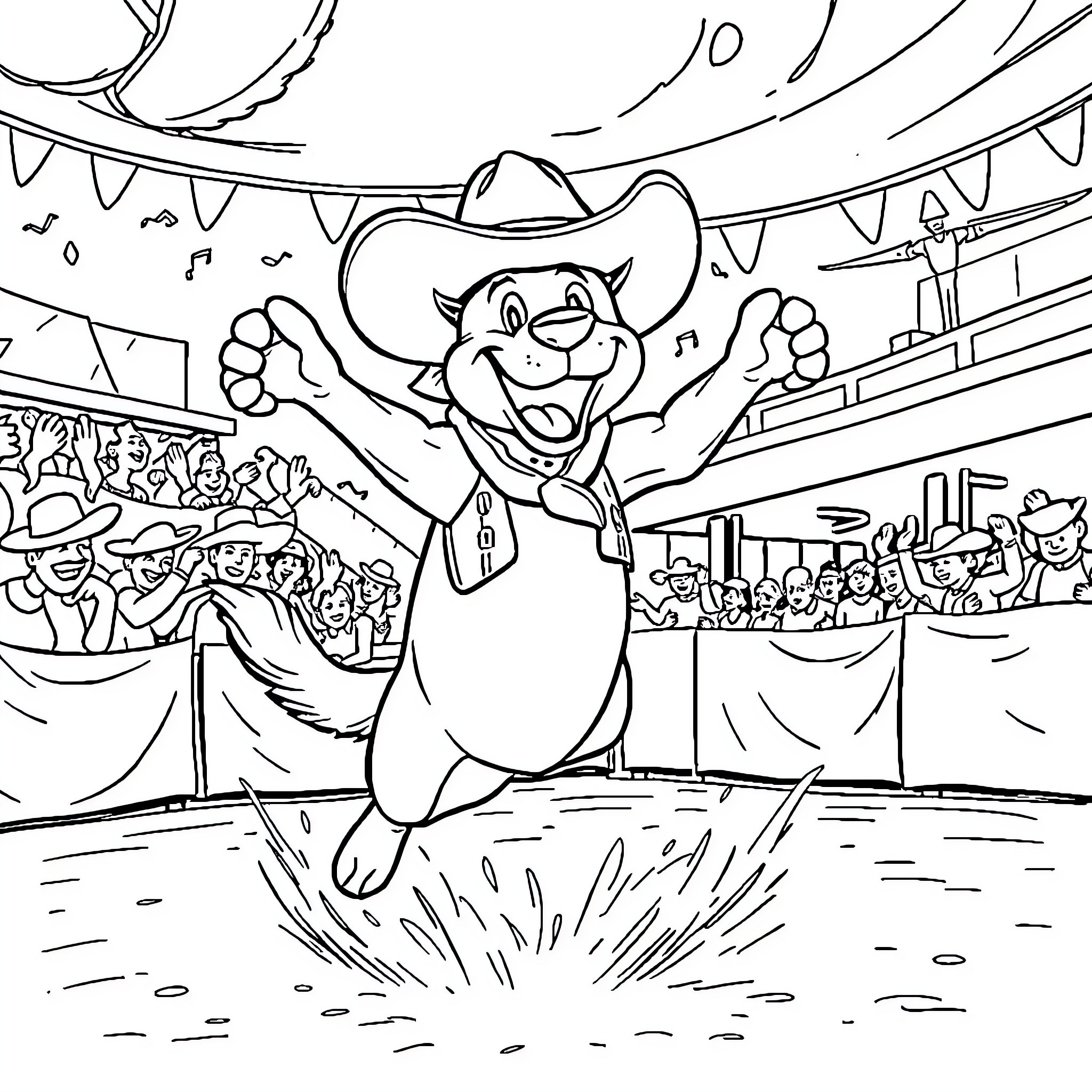 Dog celebrating joyfully on stage with audience Coloring Page (free black-and-white line drawing printable PDF for all, from beginners to advanced learners, including children, teens, adults, and seniors)