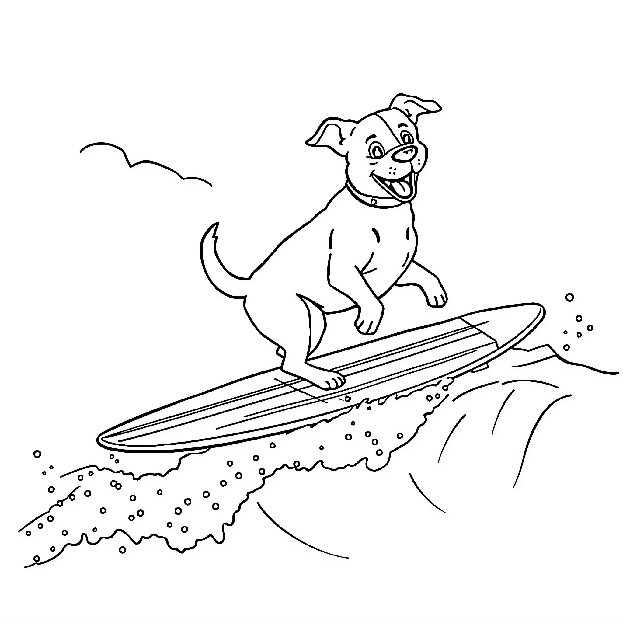 Dog surfing happily in the waves Coloring Page (free black-and-white line drawing printable PDF for all, from beginners to advanced learners, including children, teens, adults, and seniors)