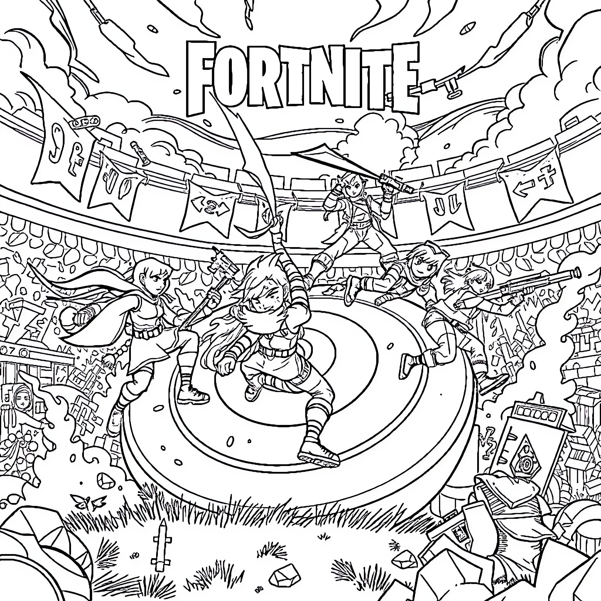 Fortnite Character Engaged in Battle and Action Coloring Page (free black-and-white line drawing printable PDF for all, from beginners to advanced learners, including children, teens, adults, and seniors)