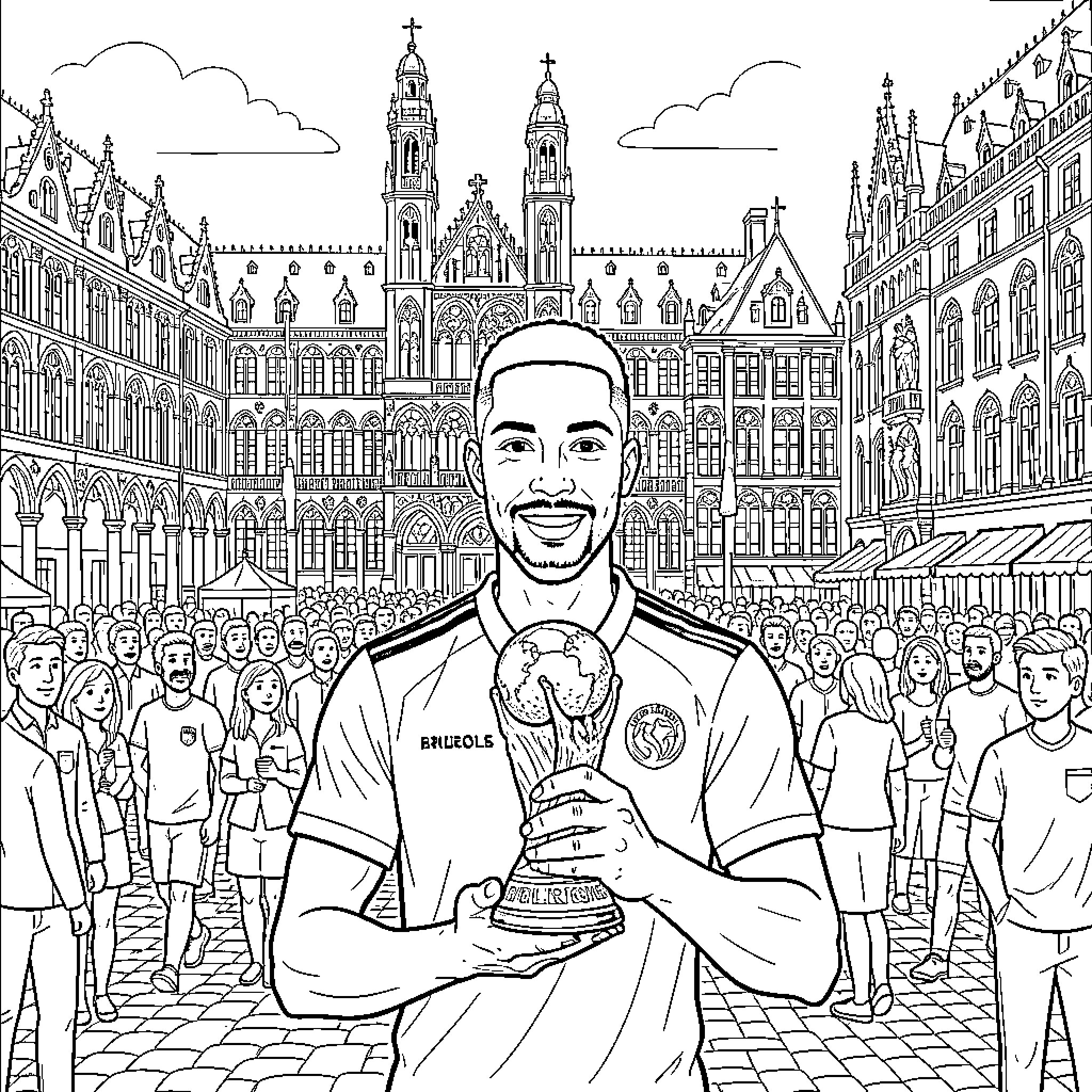 Youri Tielemans smiling while holding a trophy in a city Coloring Page (free black-and-white line drawing printable PDF for all, from beginners to advanced learners, including children, teens, adults, and seniors)