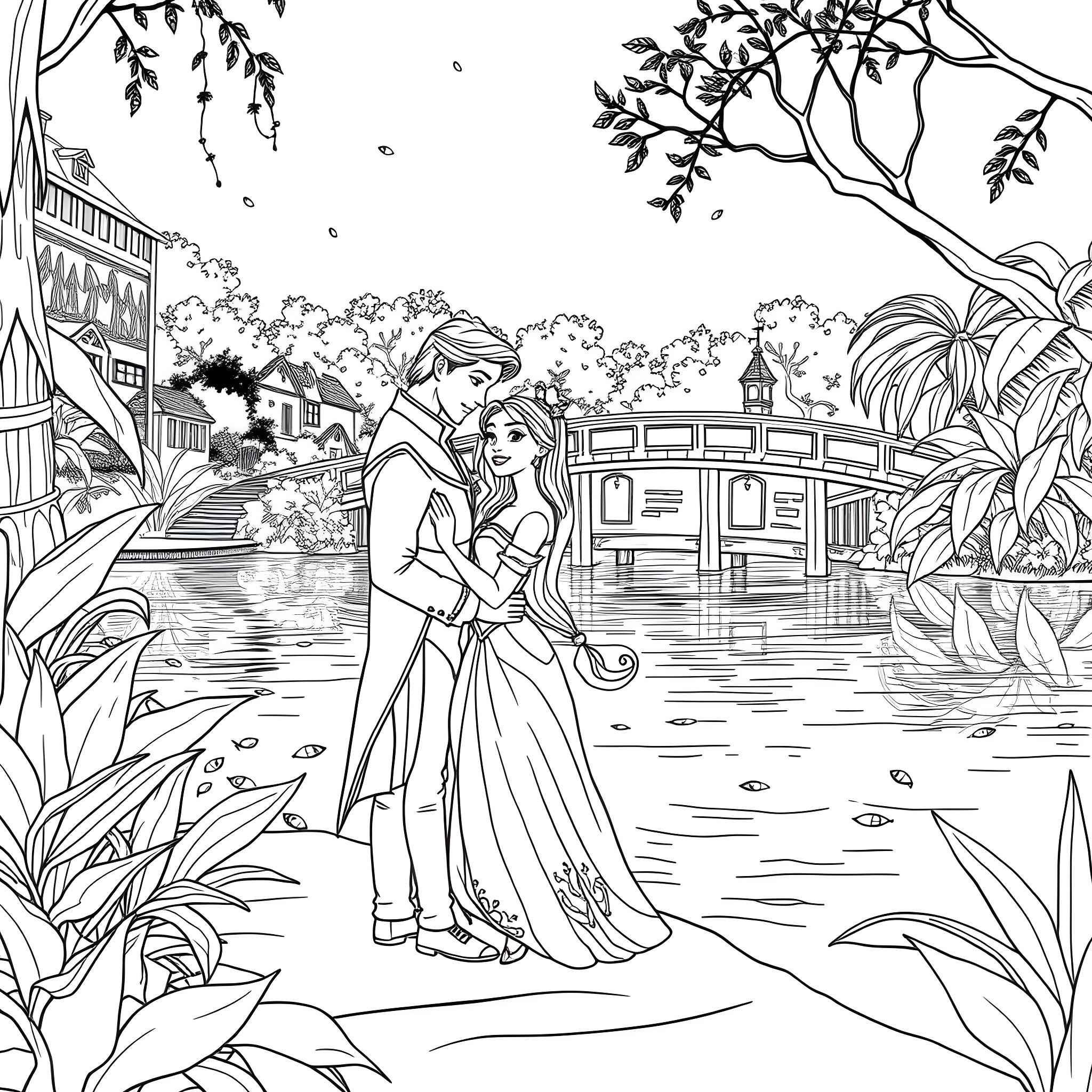 Tiana and Prince Naveen dancing by the pond Coloring Page (free black-and-white line drawing printable PDF for all, from beginners to advanced learners, including children, teens, adults, and seniors)