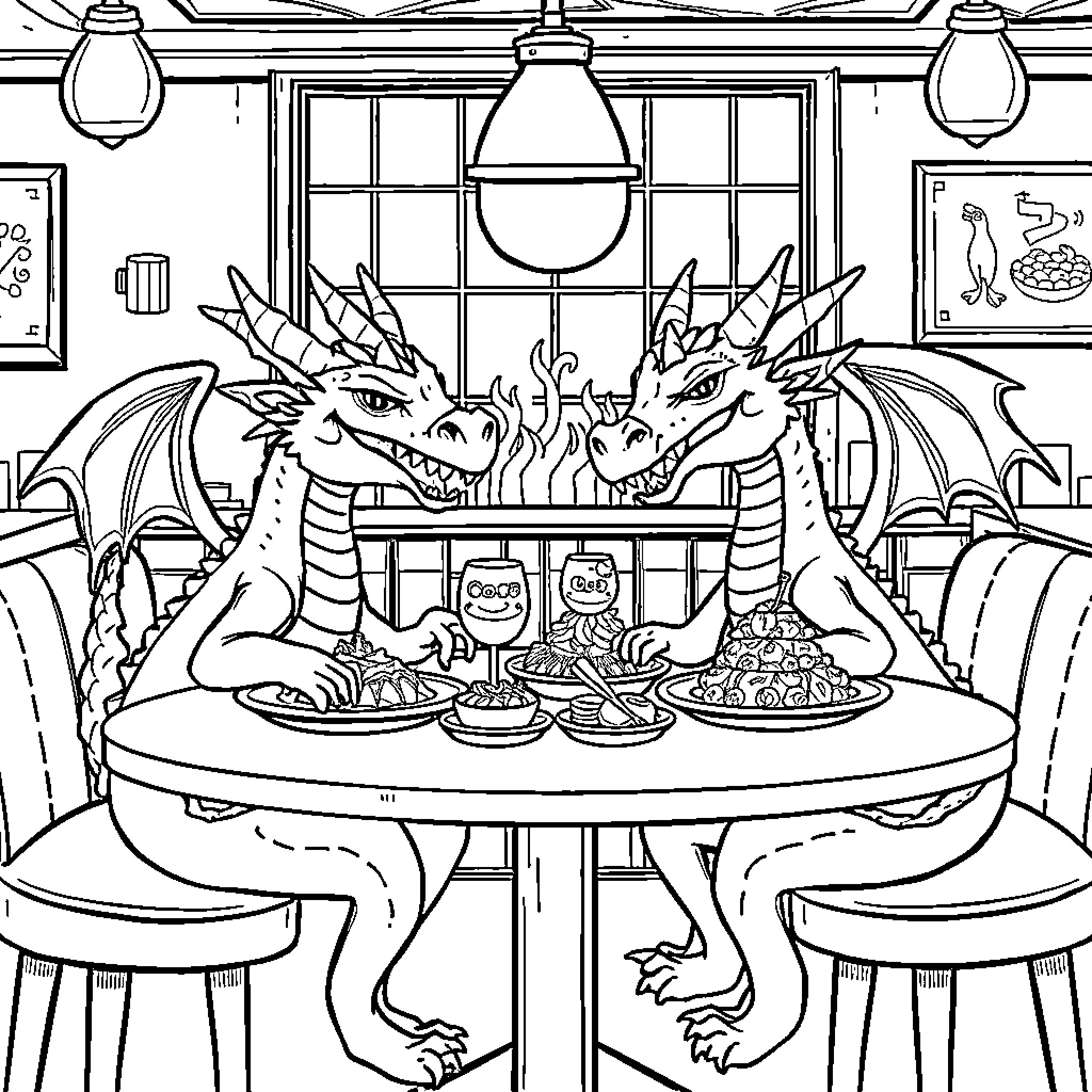 Dragon pair enjoying a feast in the dining room Coloring Page (free black-and-white line drawing printable PDF for all, from beginners to advanced learners, including children, teens, adults, and seniors)