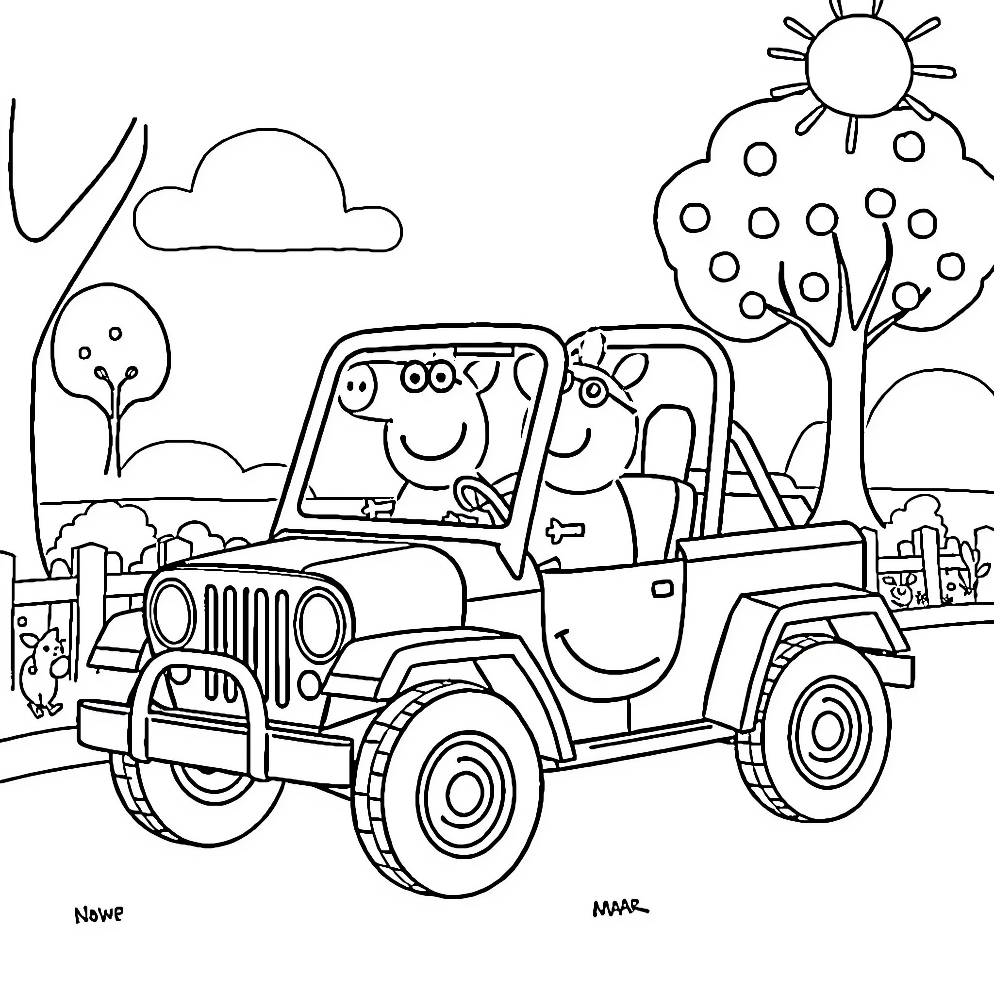 Peppa Pig driving a jeep through the countryside Coloring Page (free black-and-white line drawing printable PDF for all, from beginners to advanced learners, including children, teens, adults, and seniors)
