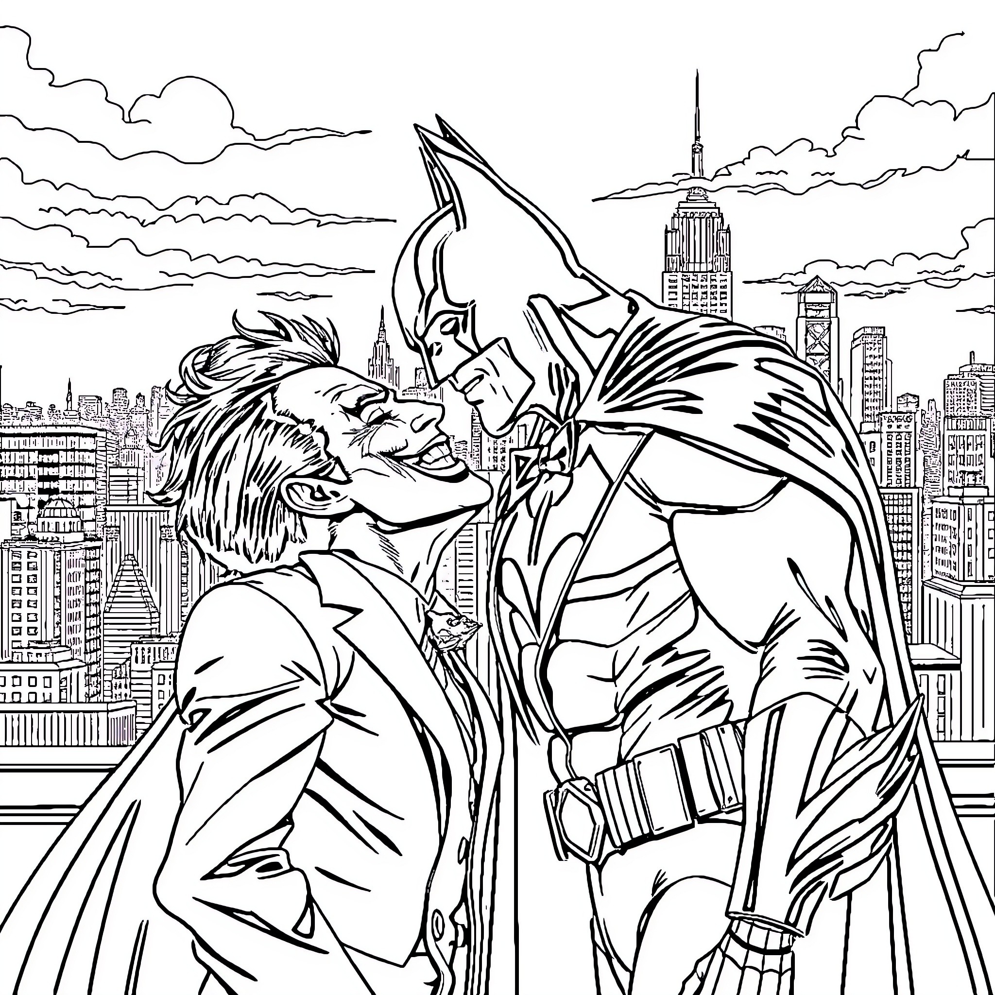 Batman's Fierce Confrontation in the City Skyline Coloring Page (free black-and-white line drawing printable PDF for all, from beginners to advanced learners, including children, teens, adults, and seniors)