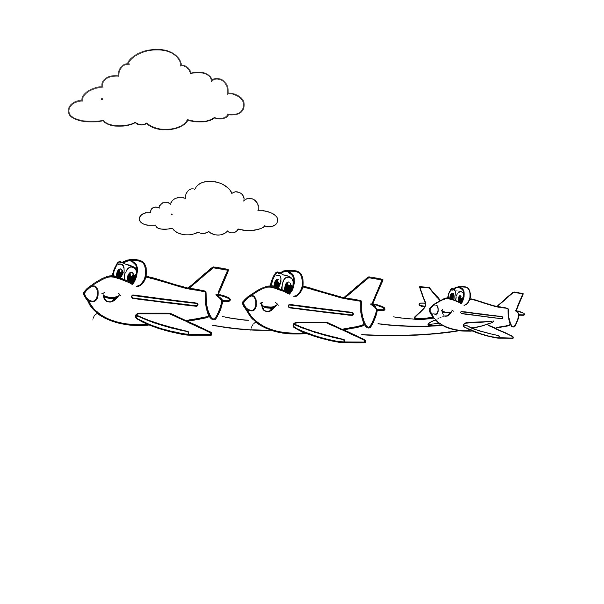 Airplane characters flying together in the sky Coloring Page (free black-and-white line drawing printable PDF for all, from beginners to advanced learners, including children, teens, adults, and seniors)
