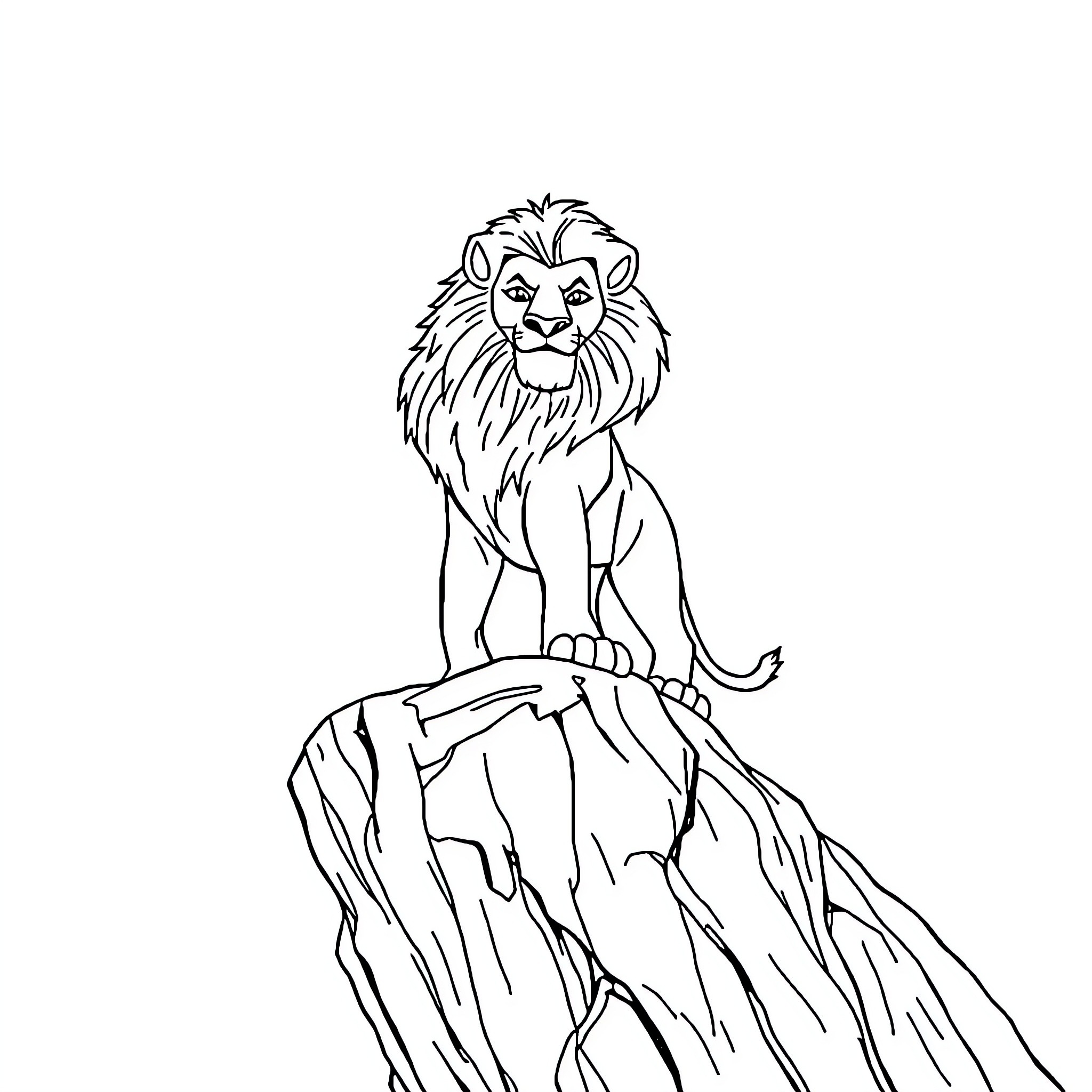 Lion standing majestically on a rocky outcrop Coloring Page (free black-and-white line drawing printable PDF for all, from beginners to advanced learners, including children, teens, adults, and seniors)