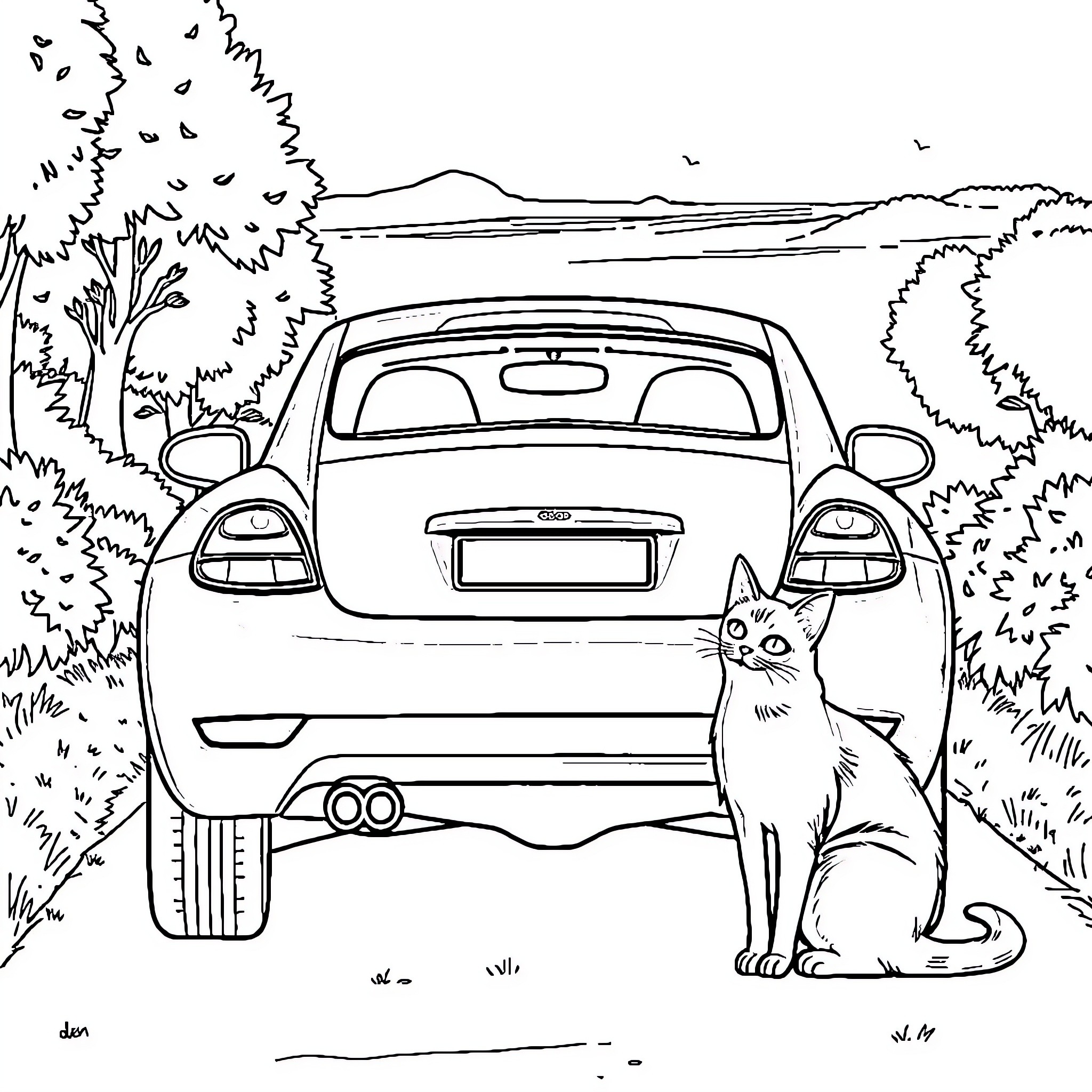 Car parked in scenic nature with curious cat Coloring Page (free black-and-white line drawing printable PDF for all, from beginners to advanced learners, including children, teens, adults, and seniors)