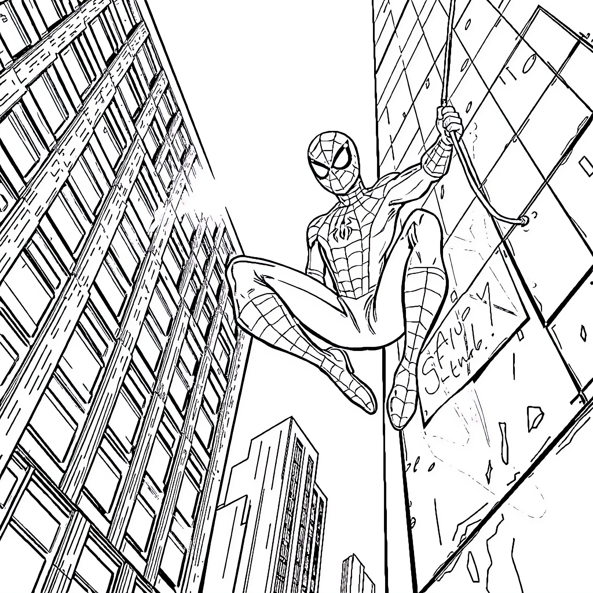 Spiderman swinging between skyscrapers in the city Coloring Page (free black-and-white line drawing printable PDF for all, from beginners to advanced learners, including children, teens, adults, and seniors)