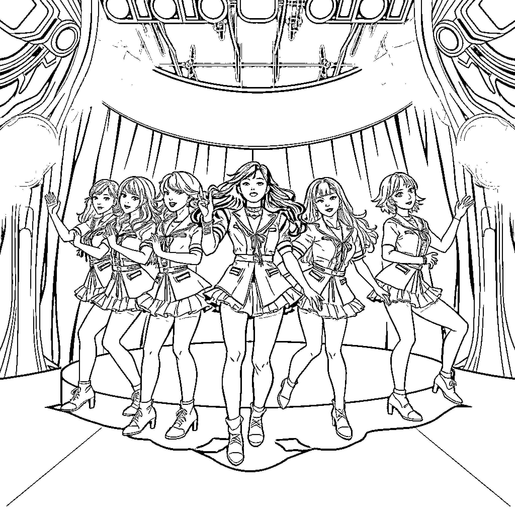 Kpop Warriors on Stage with Dramatic Outfits Coloring Page (free black-and-white line drawing printable PDF for all, from beginners to advanced learners, including children, teens, adults, and seniors)