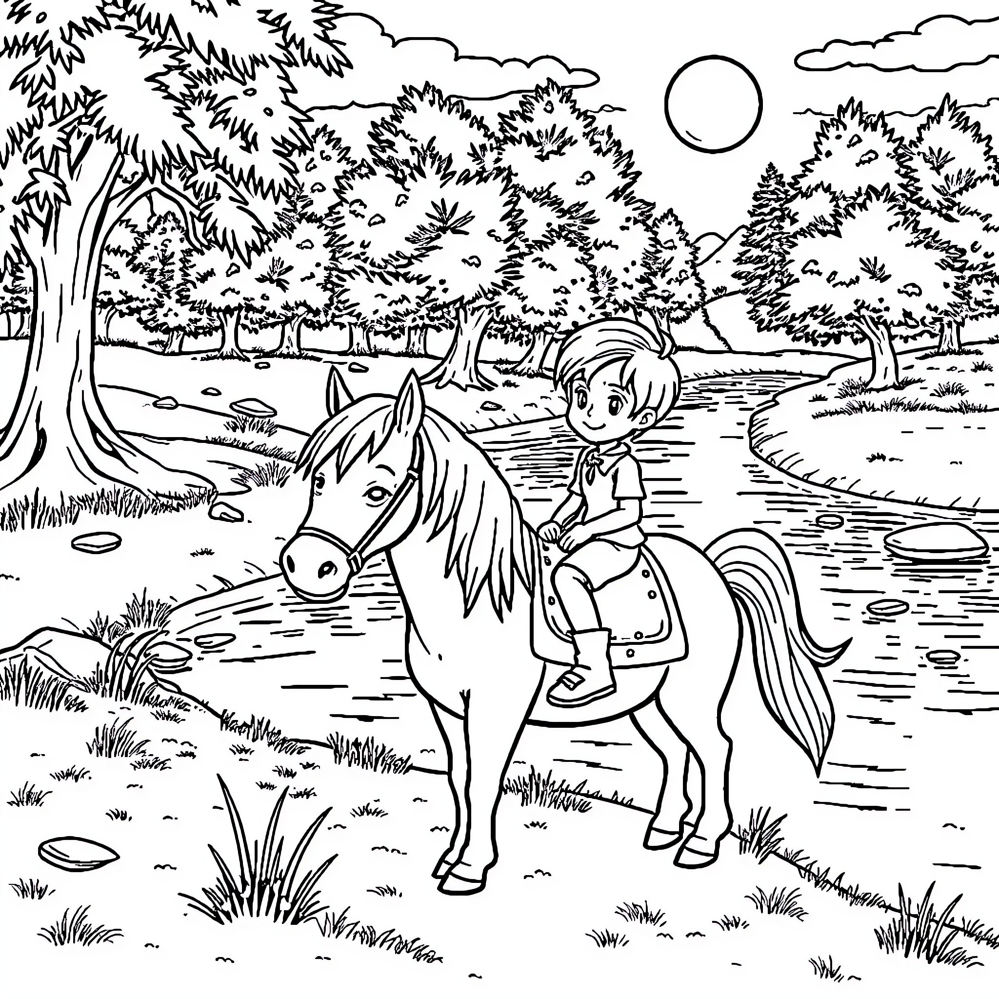 Pony ride through a serene forest landscape Coloring Page (free black-and-white line drawing printable PDF for all, from beginners to advanced learners, including children, teens, adults, and seniors)