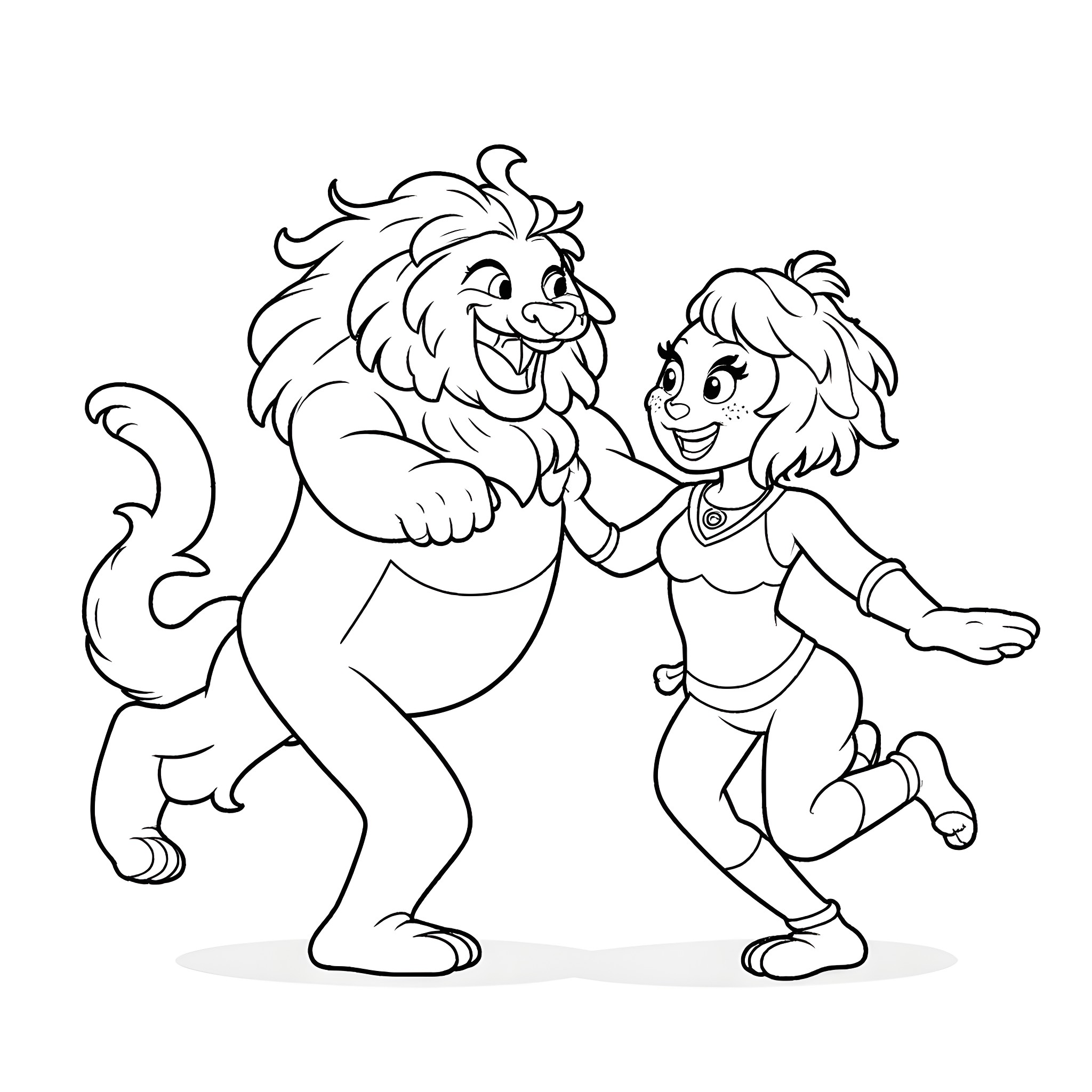 Captain Sabertooth and his young companion playing joyfully Coloring Page (free black-and-white line drawing printable PDF for all, from beginners to advanced learners, including children, teens, adults, and seniors)