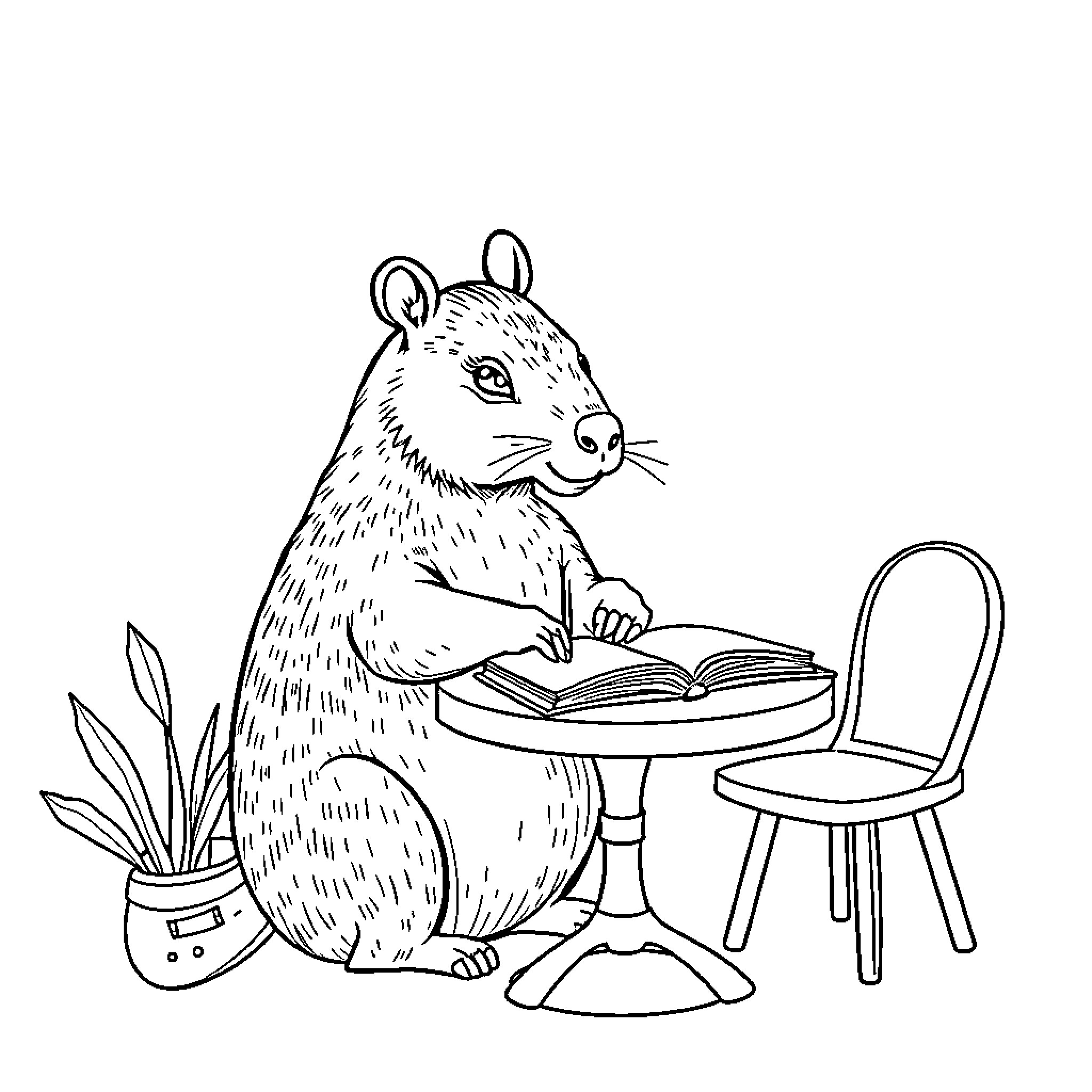 Capybara studying intently at the desk Coloring Page (free black-and-white line drawing printable PDF for all, from beginners to advanced learners, including children, teens, adults, and seniors)