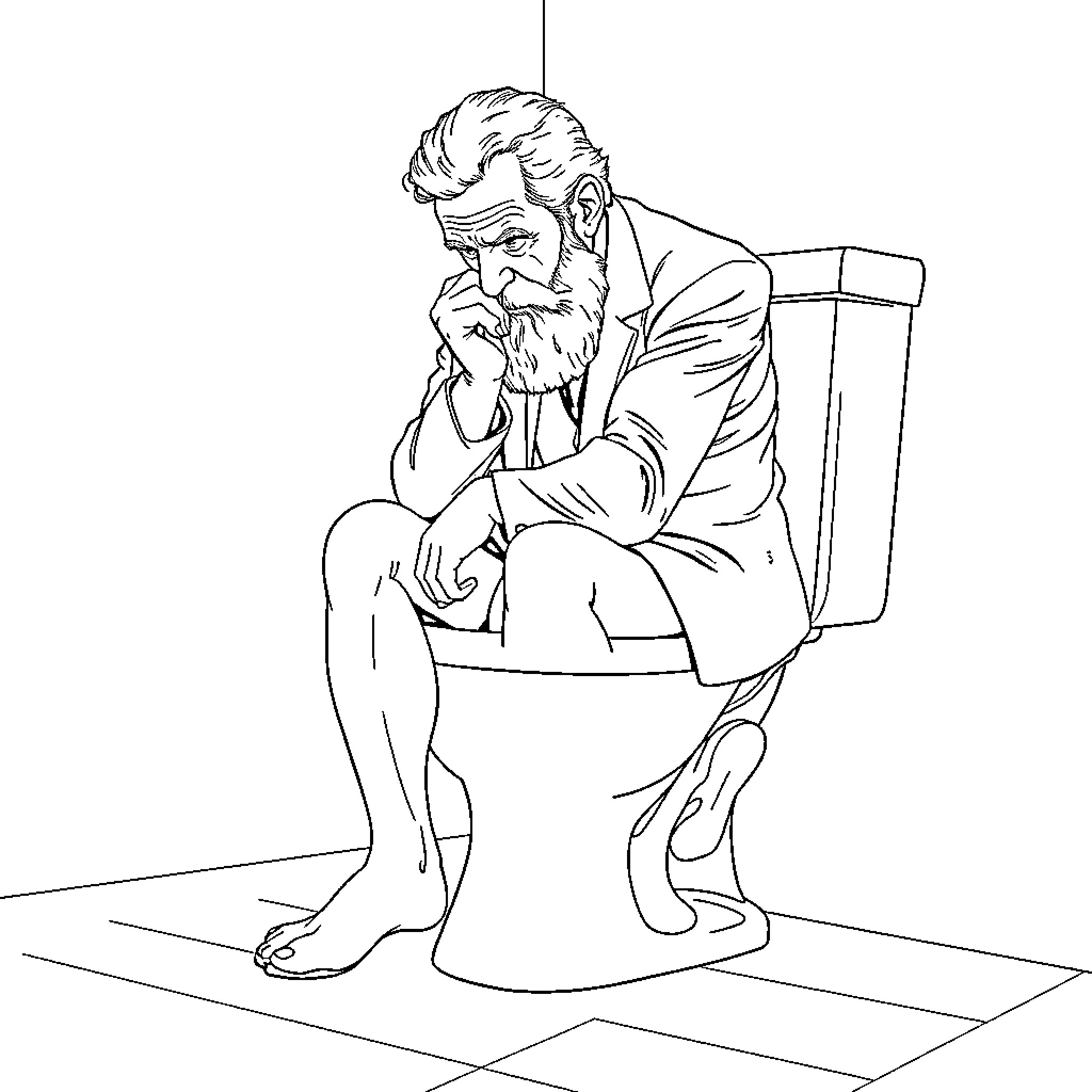 Sigmund Freud contemplating in his study Coloring Page (free black-and-white line drawing printable PDF for all, from beginners to advanced learners, including children, teens, adults, and seniors)