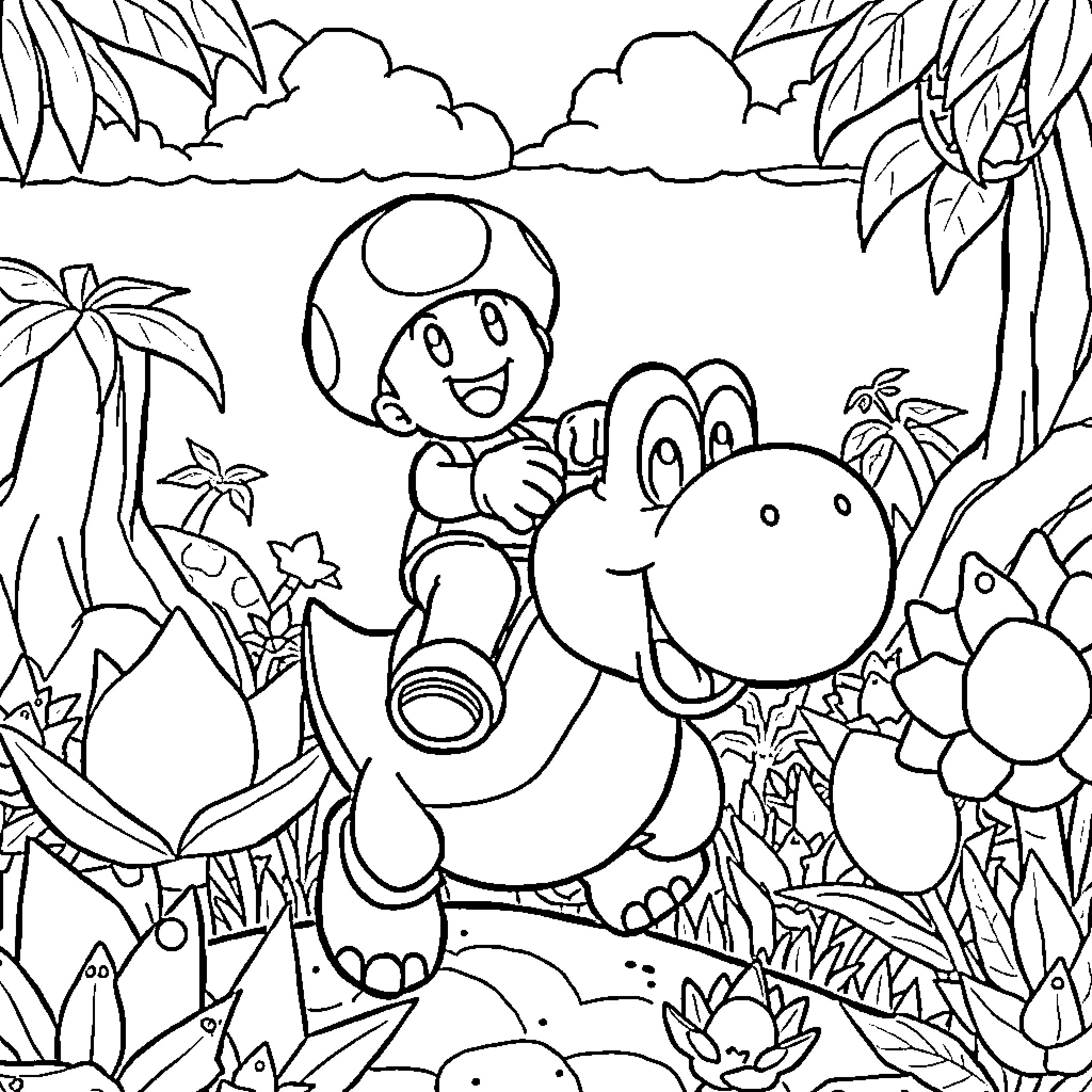 Toad riding happily on a dinosaur in the jungle Coloring Page (free black-and-white line drawing printable PDF for all, from beginners to advanced learners, including children, teens, adults, and seniors)