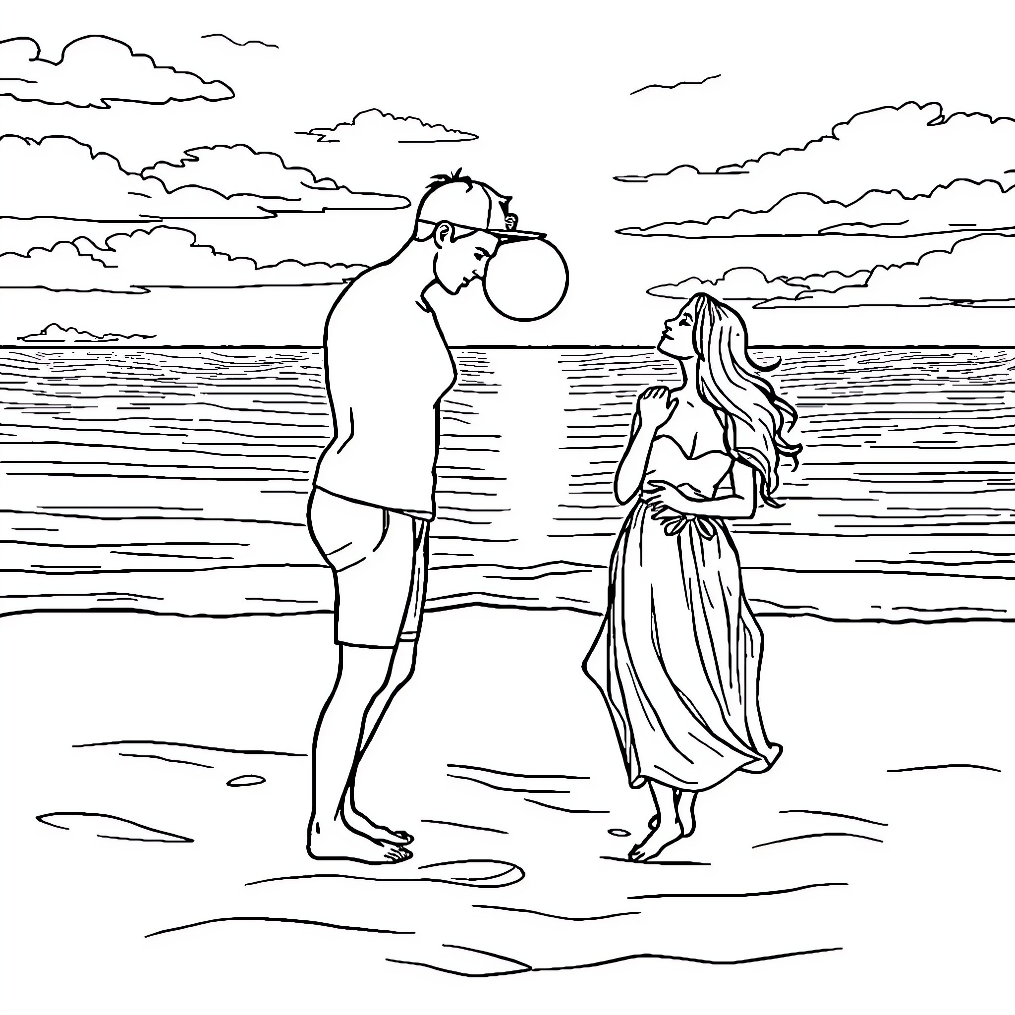 Couple enjoying sunset by the beach Coloring Page (free black-and-white line drawing printable PDF for all, from beginners to advanced learners, including children, teens, adults, and seniors)