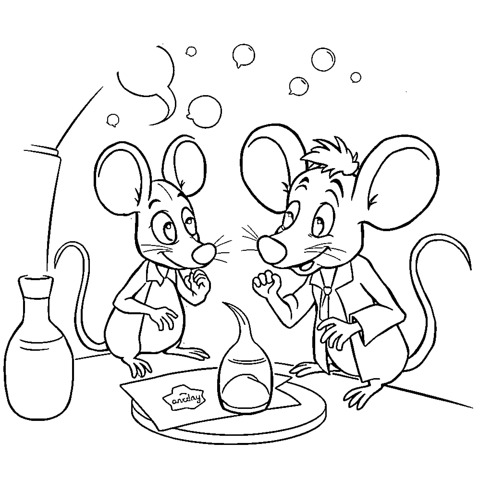 Pinky and the Brain playing with laboratory equipment Coloring Page (free black-and-white line drawing printable PDF for all, from beginners to advanced learners, including children, teens, adults, and seniors)