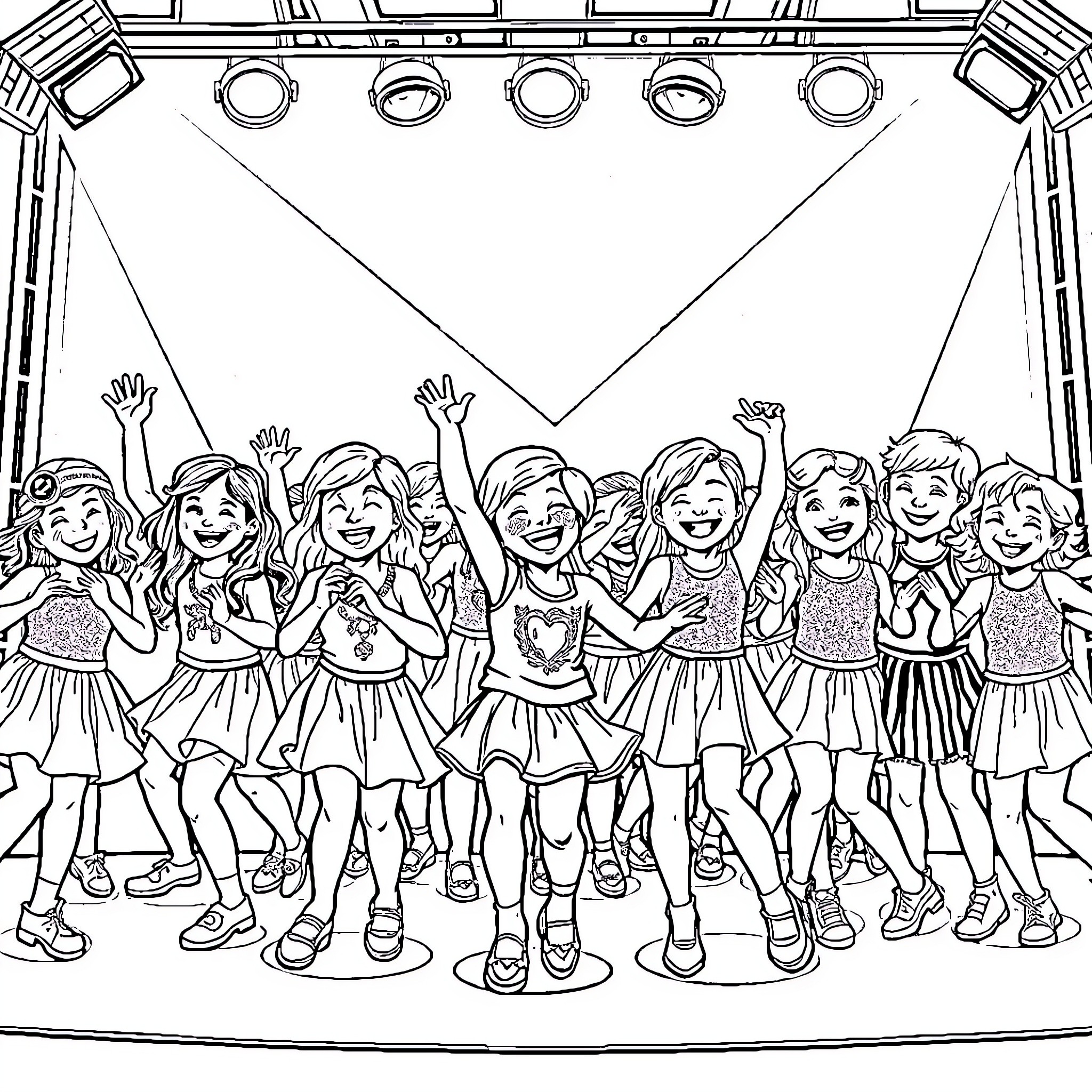 Child performers dancing joyfully on stage Coloring Page (free black-and-white line drawing printable PDF for all, from beginners to advanced learners, including children, teens, adults, and seniors)