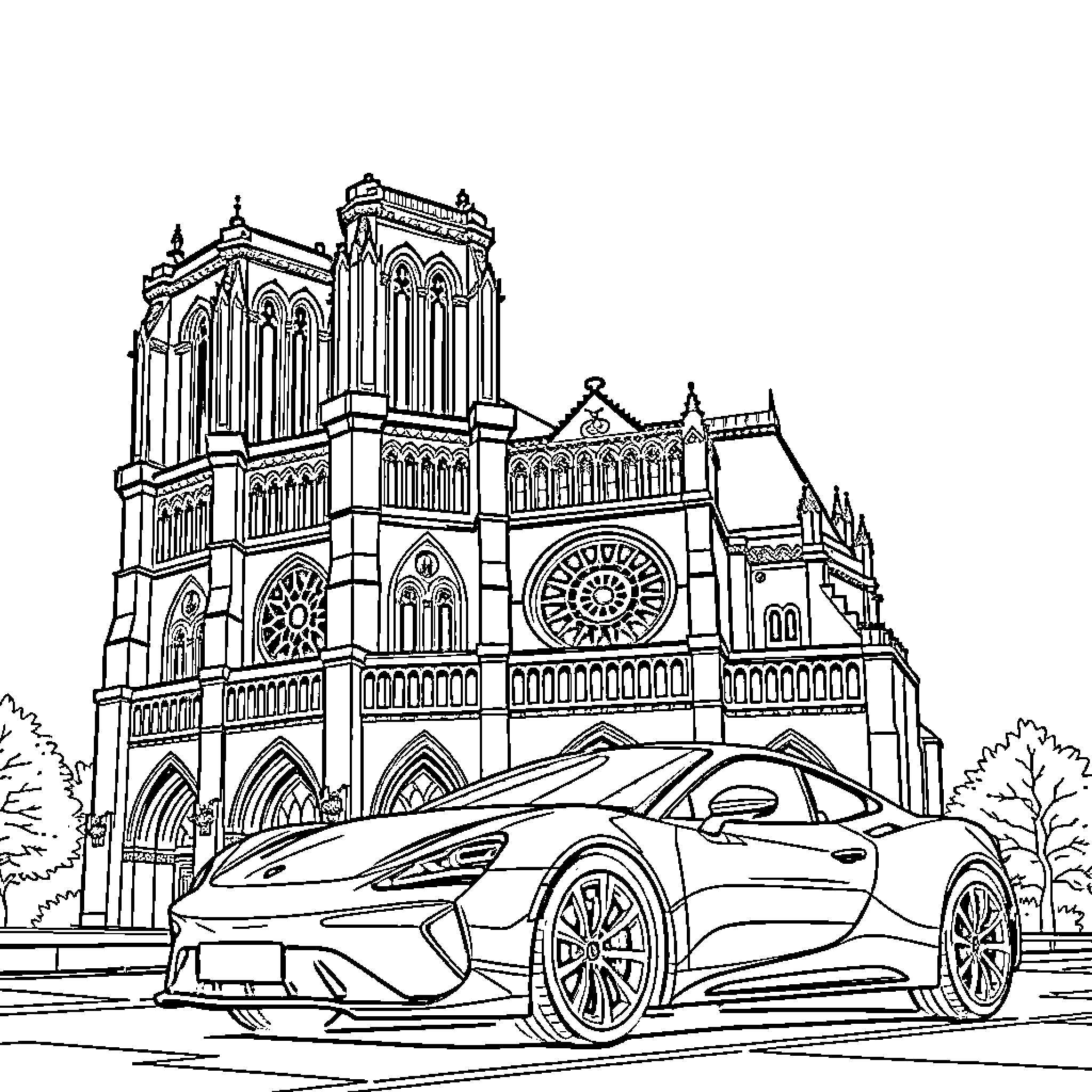 Notre-Dame Cathedral with a luxury sports car Coloring Page (free black-and-white line drawing printable PDF for all, from beginners to advanced learners, including children, teens, adults, and seniors)