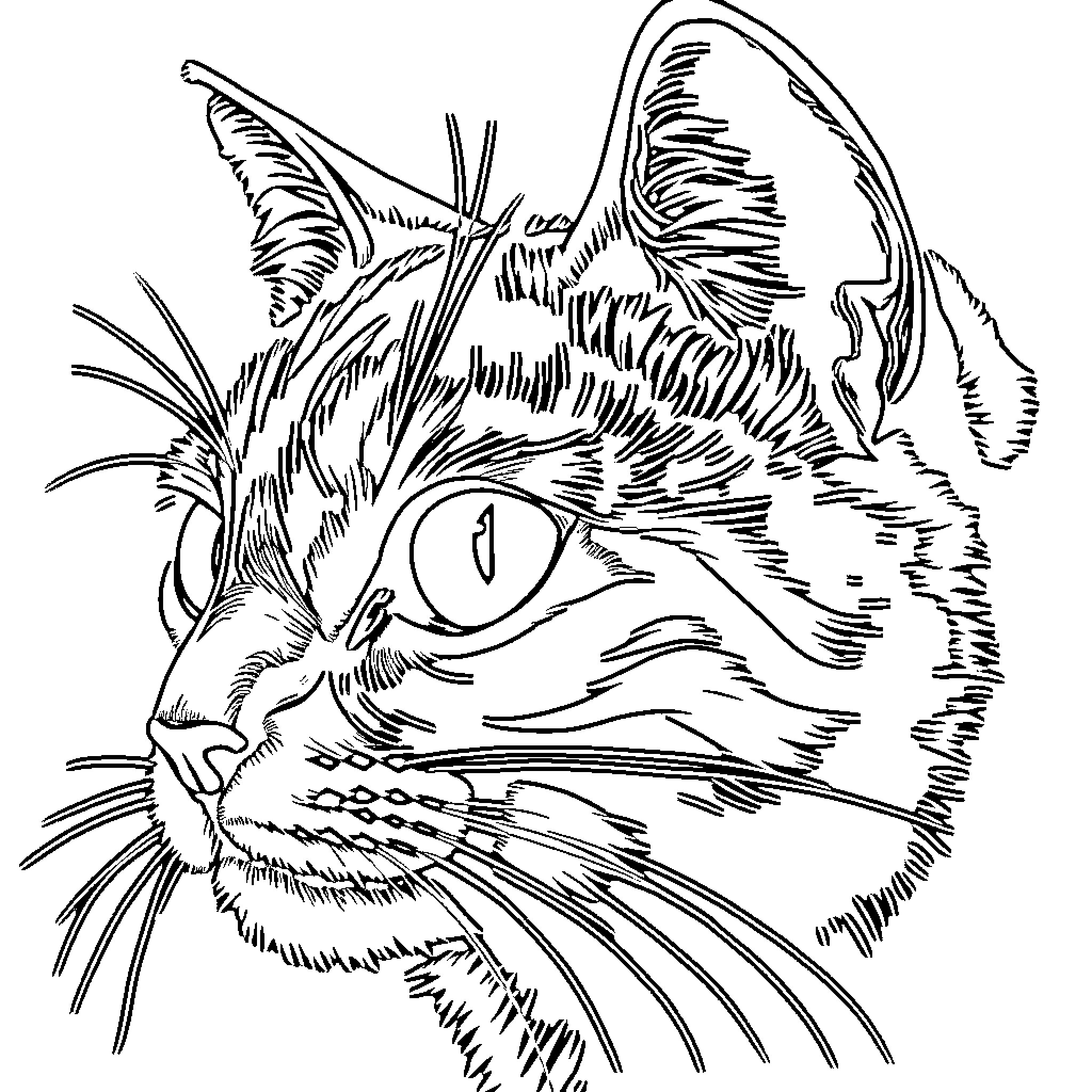 Catseye's Intricate Feline Gaze Coloring Page (free black-and-white line drawing printable PDF for all, from beginners to advanced learners, including children, teens, adults, and seniors)
