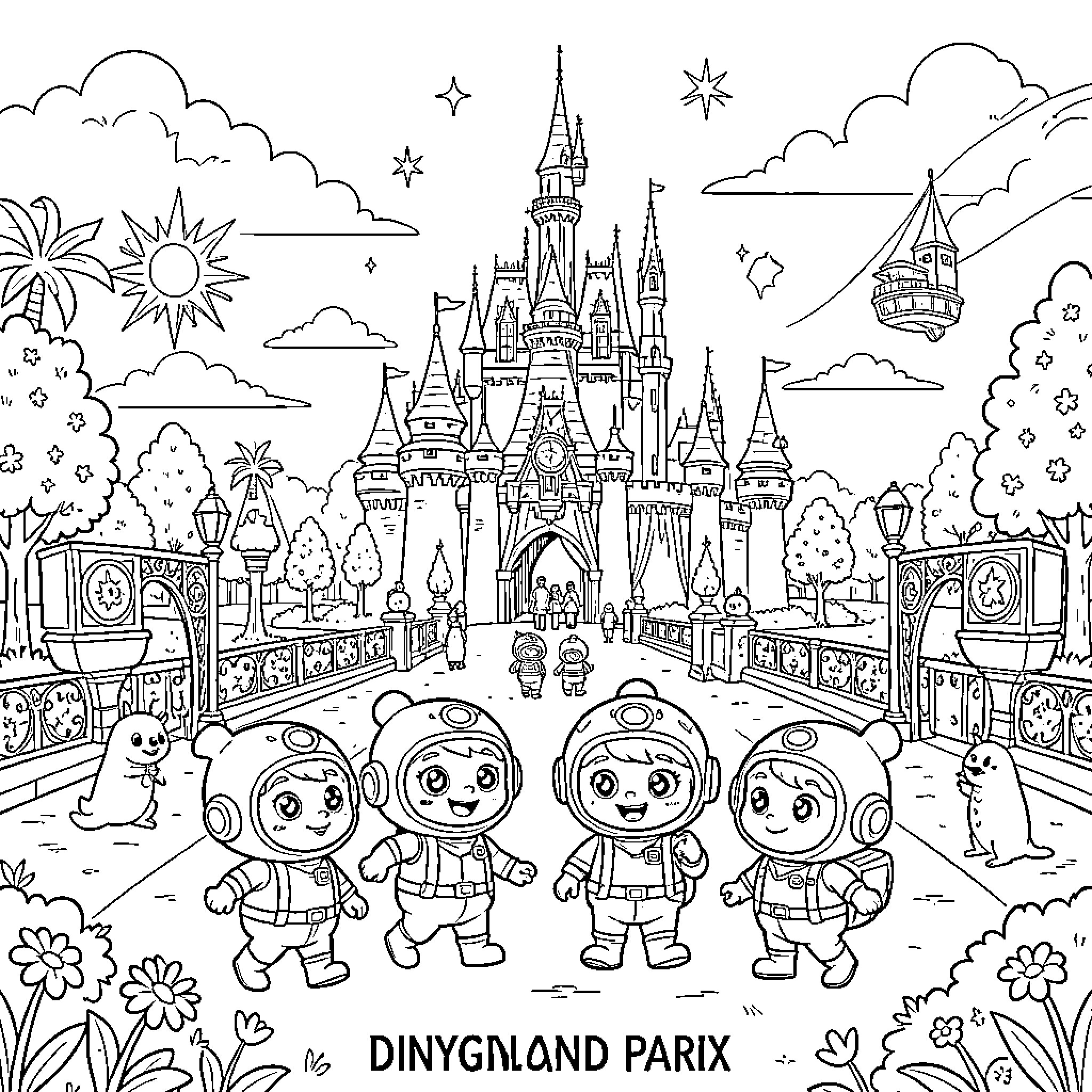 Octonauts characters walking happily toward a magical castle Coloring Page (free black-and-white line drawing printable PDF for all, from beginners to advanced learners, including children, teens, adults, and seniors)