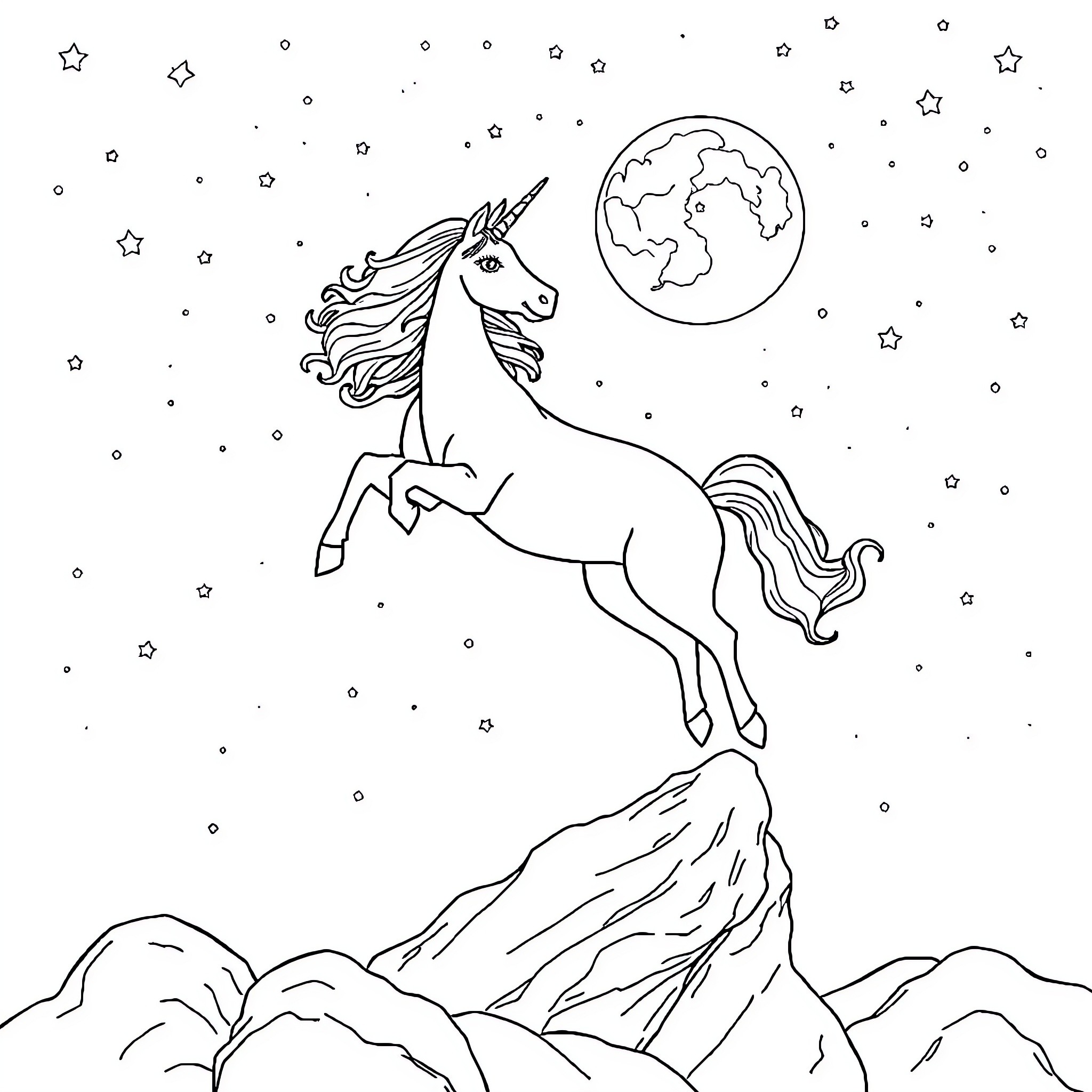 Unicorn soaring through the starry night sky Coloring Page (free black-and-white line drawing printable PDF for all, from beginners to advanced learners, including children, teens, adults, and seniors)