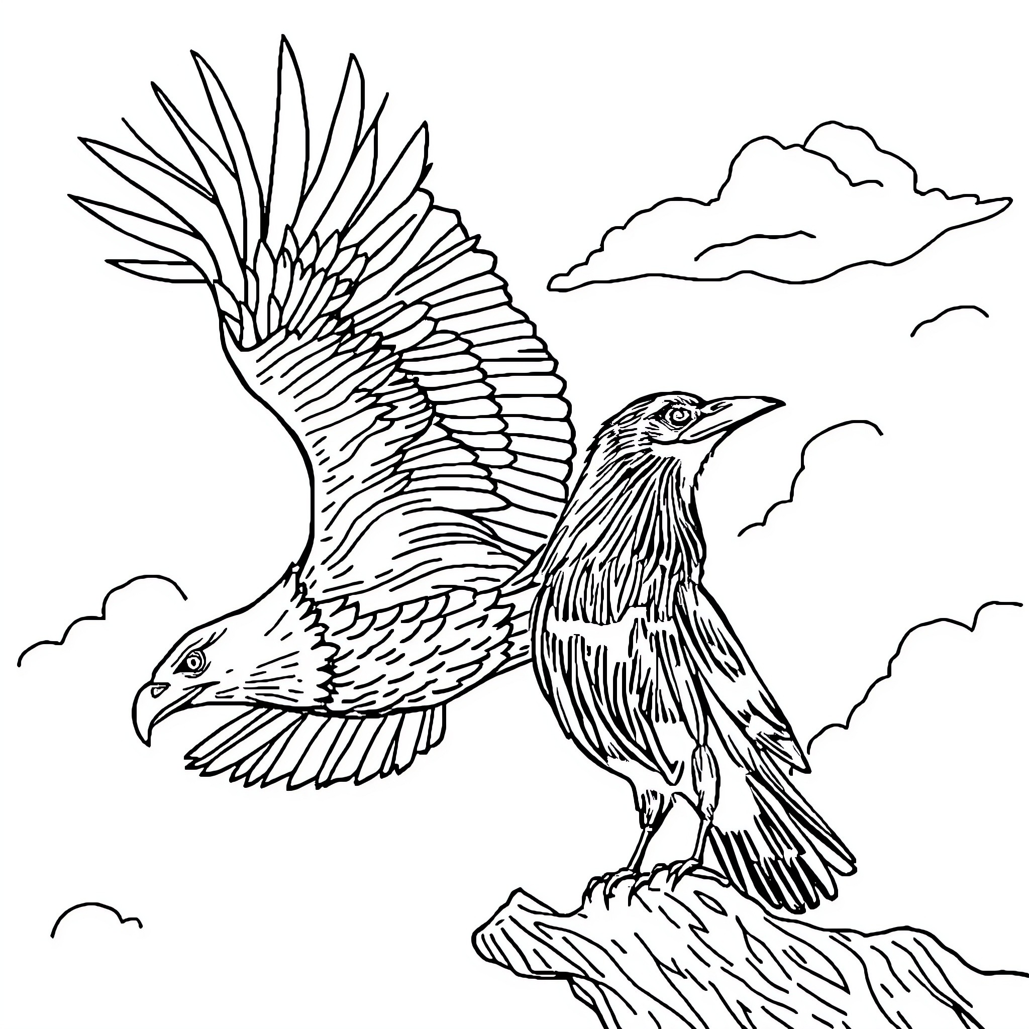 Eagle soaring gracefully among the clouds Coloring Page (free black-and-white line drawing printable PDF for all, from beginners to advanced learners, including children, teens, adults, and seniors)