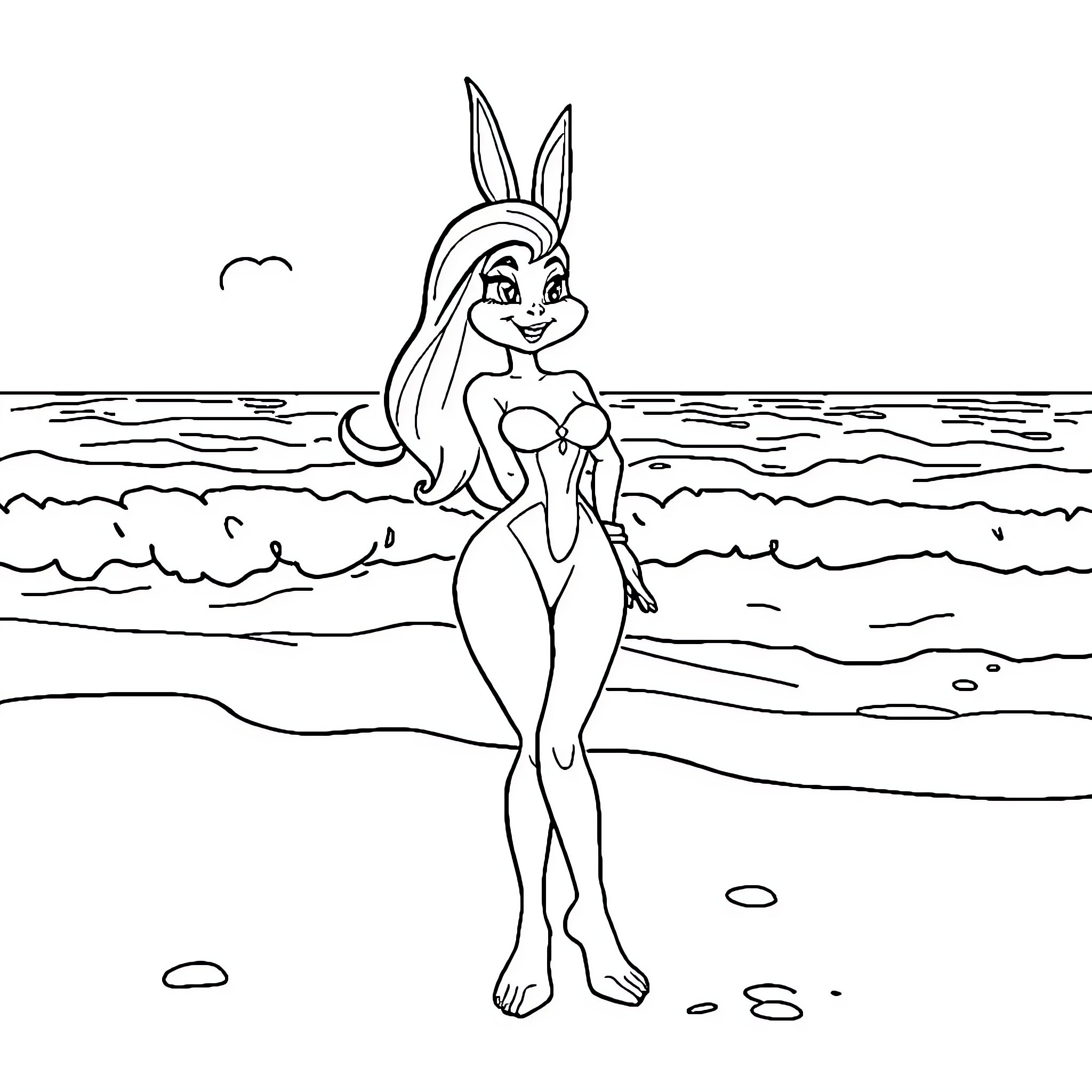 Jessica Rabbit sunbathing on the beach Coloring Page (free black-and-white line drawing printable PDF for all, from beginners to advanced learners, including children, teens, adults, and seniors)