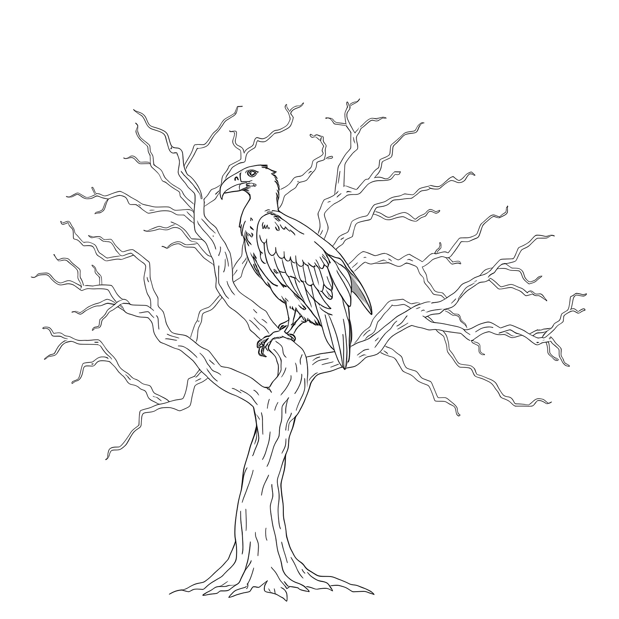 Eudocimus bird perched on bare tree Coloring Page (free black-and-white line drawing printable PDF for all, from beginners to advanced learners, including children, teens, adults, and seniors)