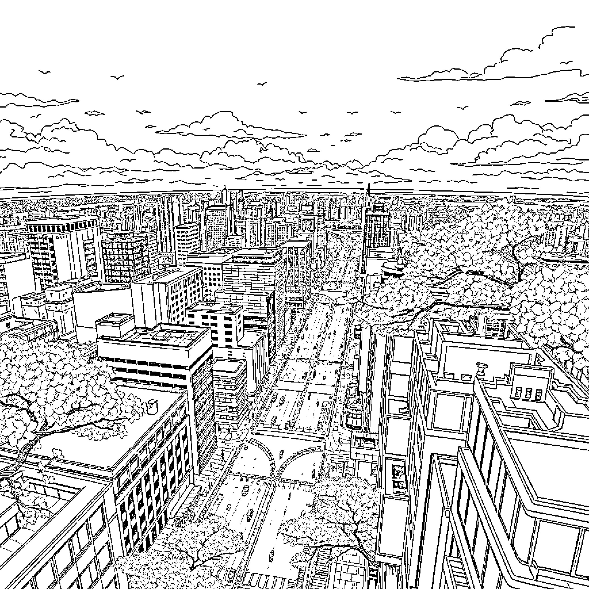Building a Bustling City Skyline Coloring Page (free black-and-white line drawing printable PDF for all, from beginners to advanced learners, including children, teens, adults, and seniors)