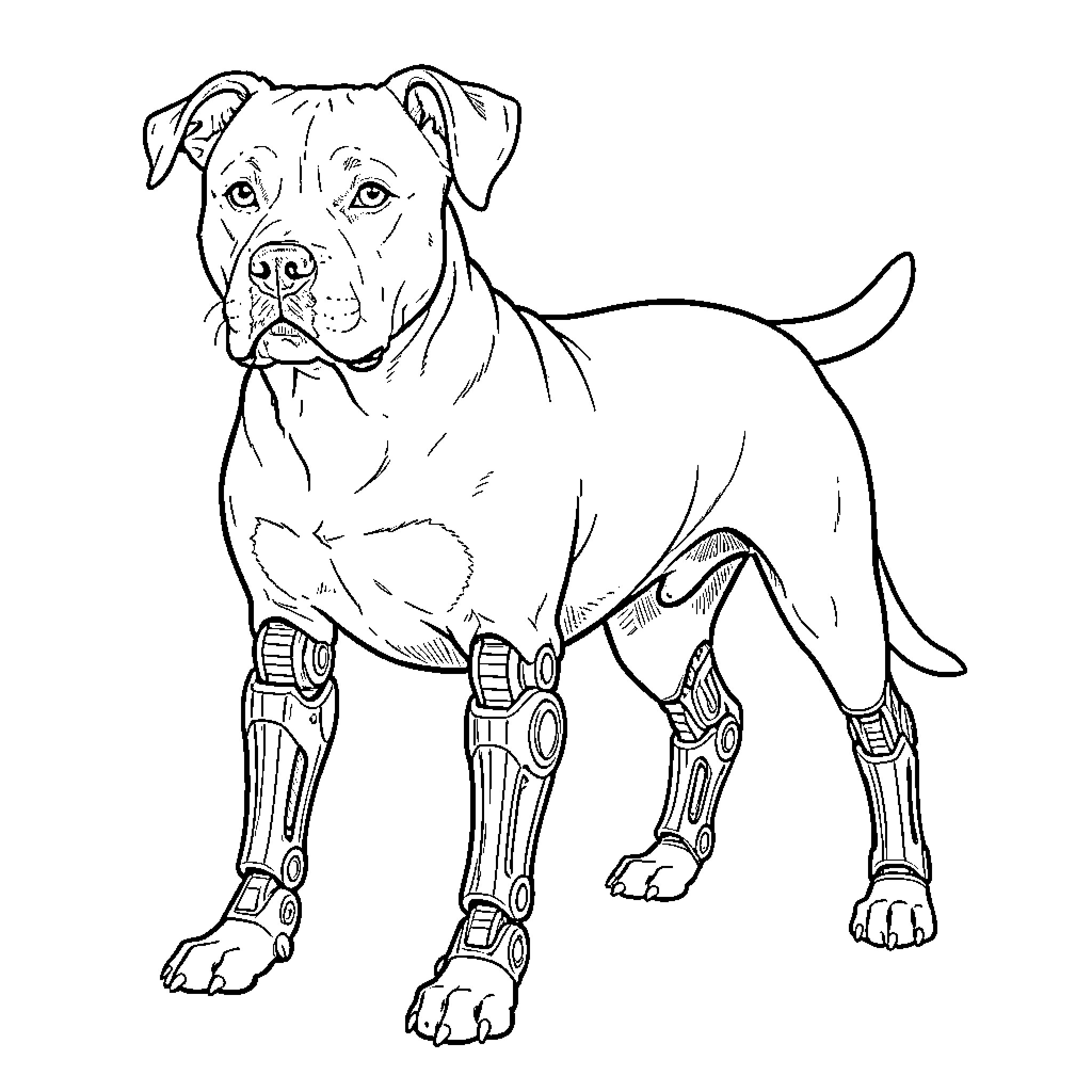Staffy Lab Cross with Cybernetic Limbs Coloring Page (free black-and-white line drawing printable PDF for all, from beginners to advanced learners, including children, teens, adults, and seniors)