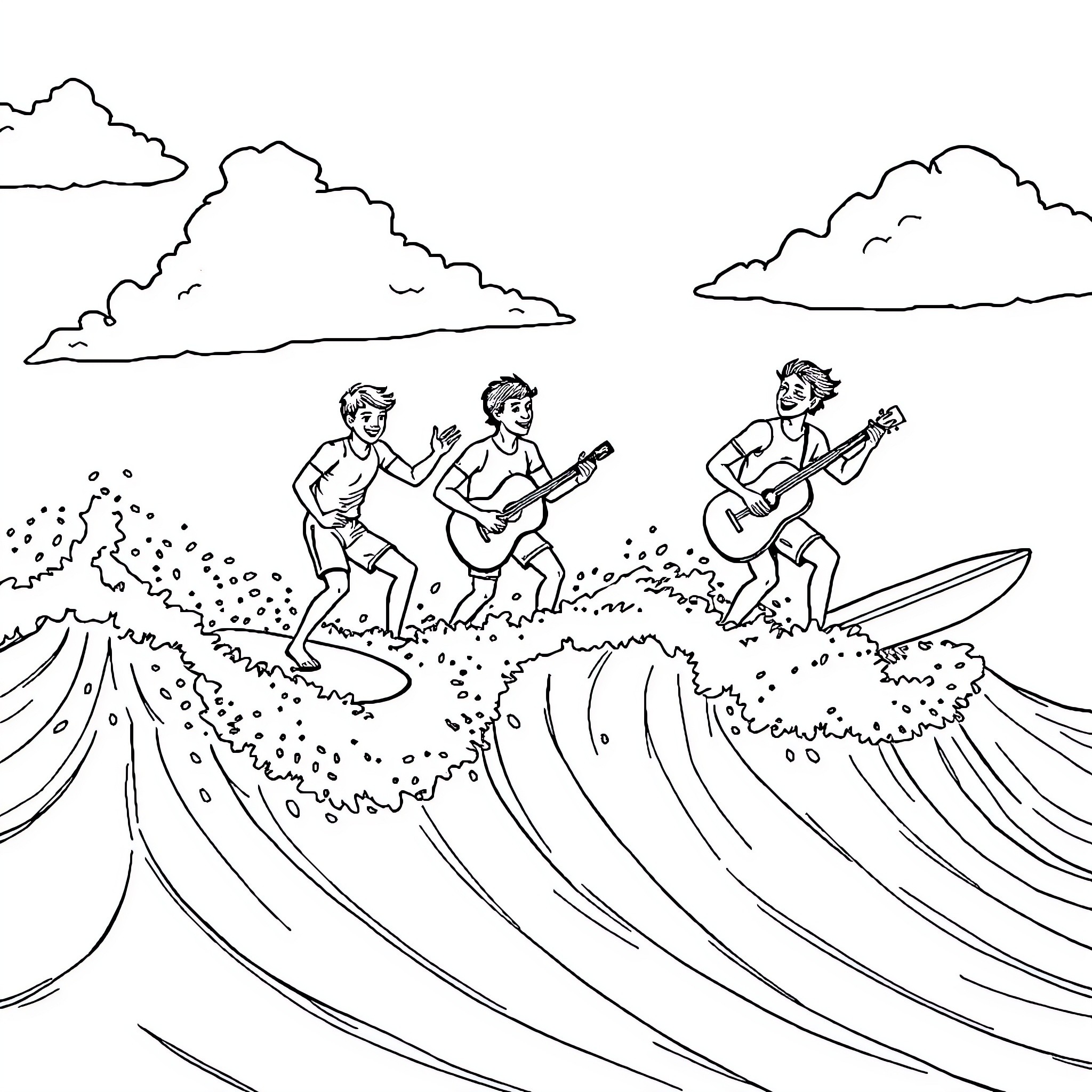 Guy surfing and playing guitar on the beach Coloring Page (free black-and-white line drawing printable PDF for all, from beginners to advanced learners, including children, teens, adults, and seniors)
