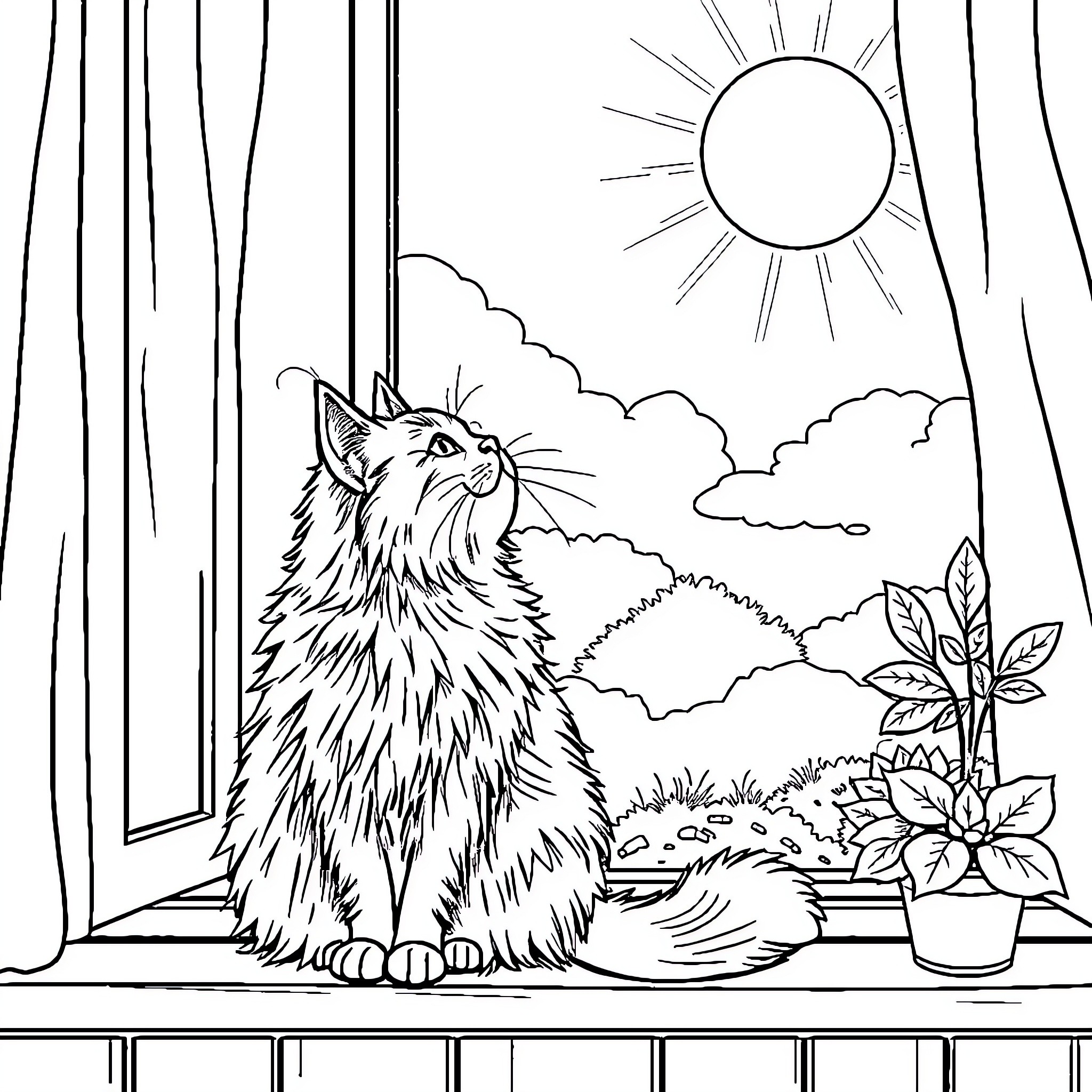 Cat gazing at the sun through window Coloring Page (free black-and-white line drawing printable PDF for all, from beginners to advanced learners, including children, teens, adults, and seniors)