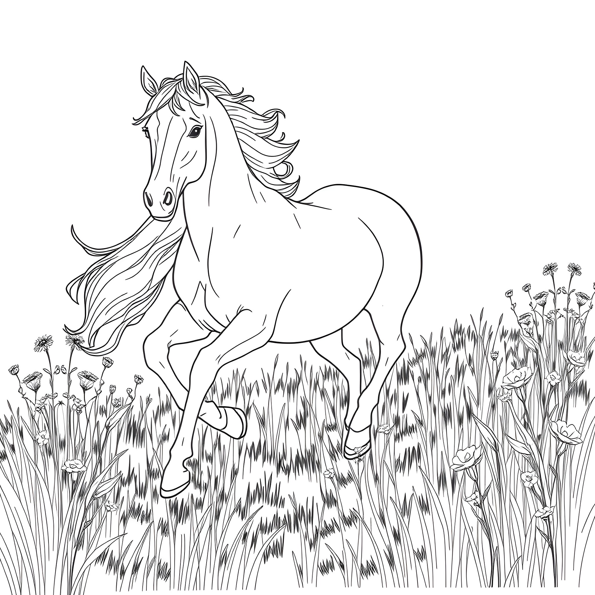 Paint Horse Galloping Through the Meadow Coloring Page (free black-and-white line drawing printable PDF for all, from beginners to advanced learners, including children, teens, adults, and seniors)