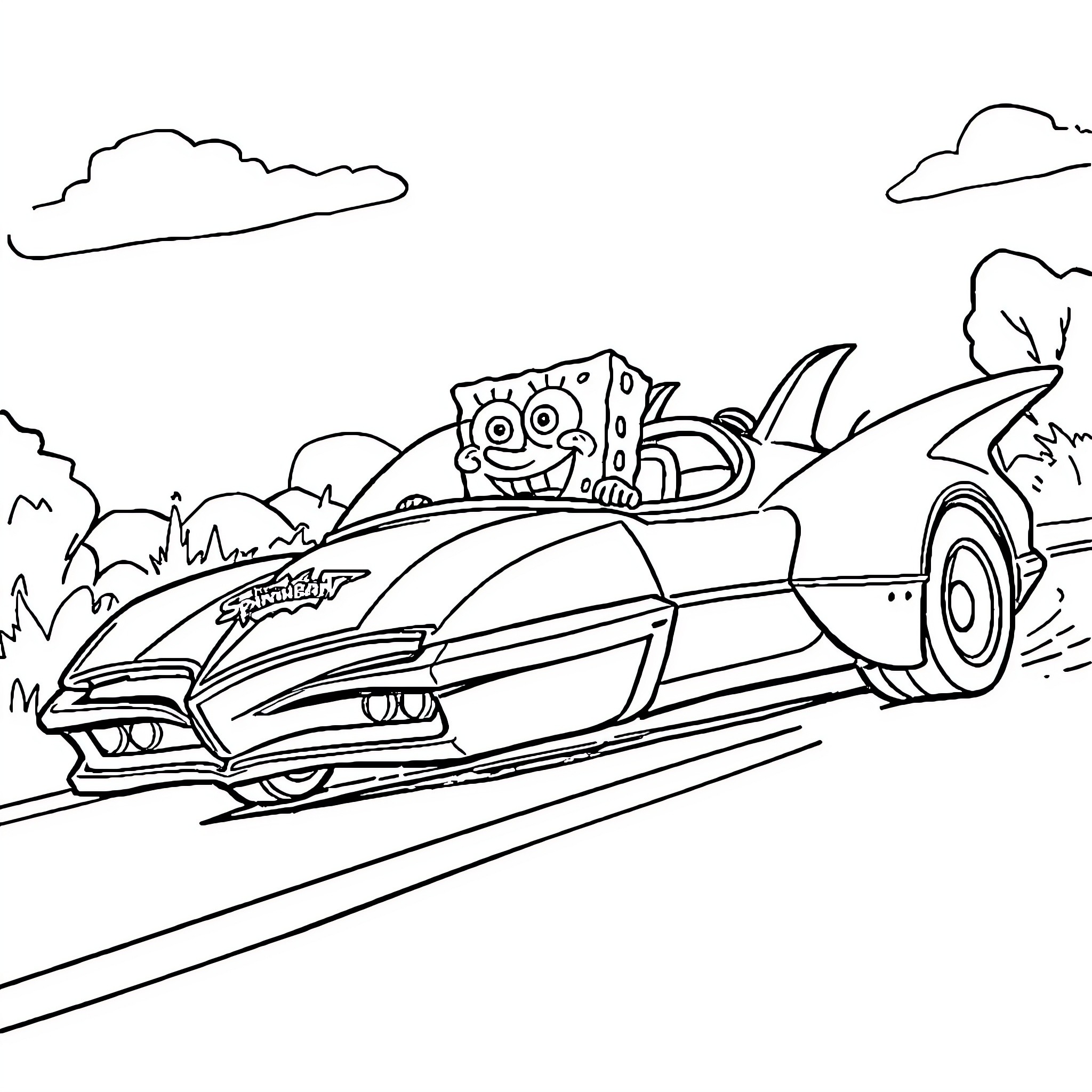 Spongebob driving a futuristic vehicle Coloring Page (free black-and-white line drawing printable PDF for all, from beginners to advanced learners, including children, teens, adults, and seniors)