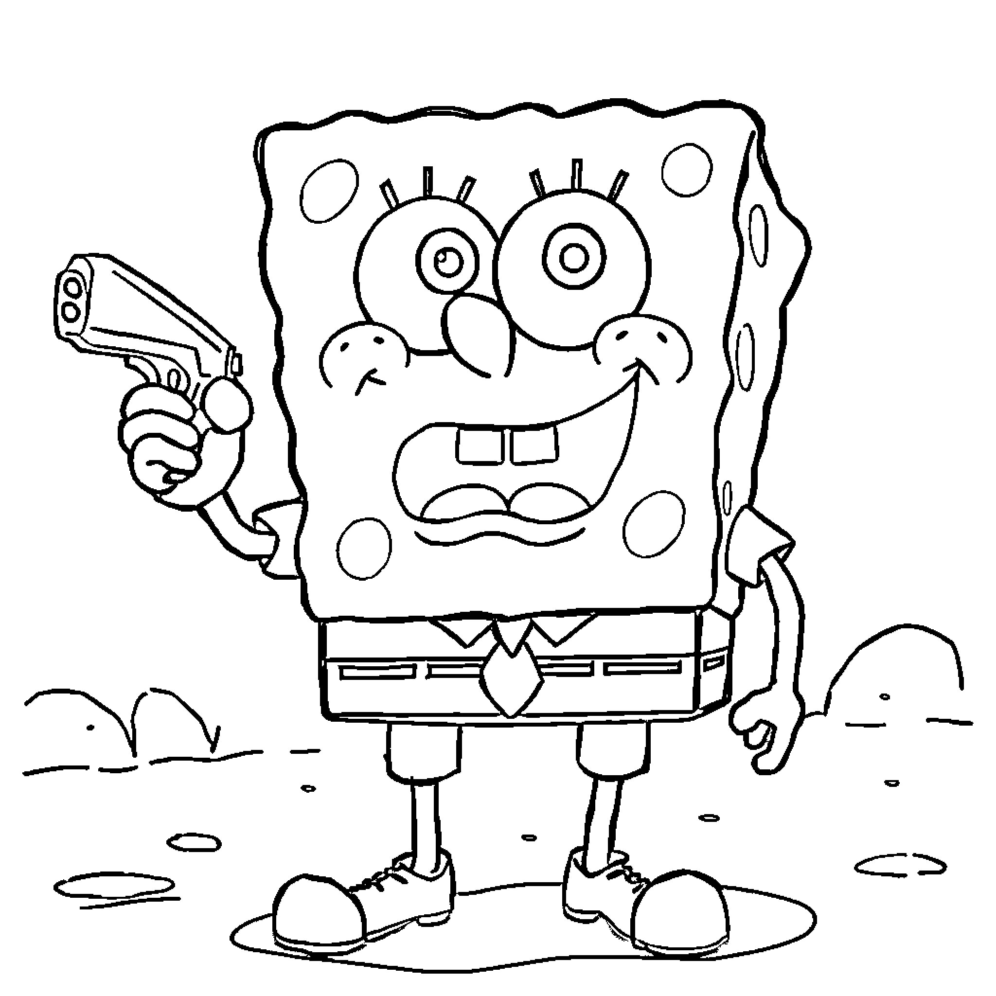 Spongebob holding a toy gun in a cartoonish outdoor scene Coloring Page (free black-and-white line drawing printable PDF for all, from beginners to advanced learners, including children, teens, adults, and seniors)