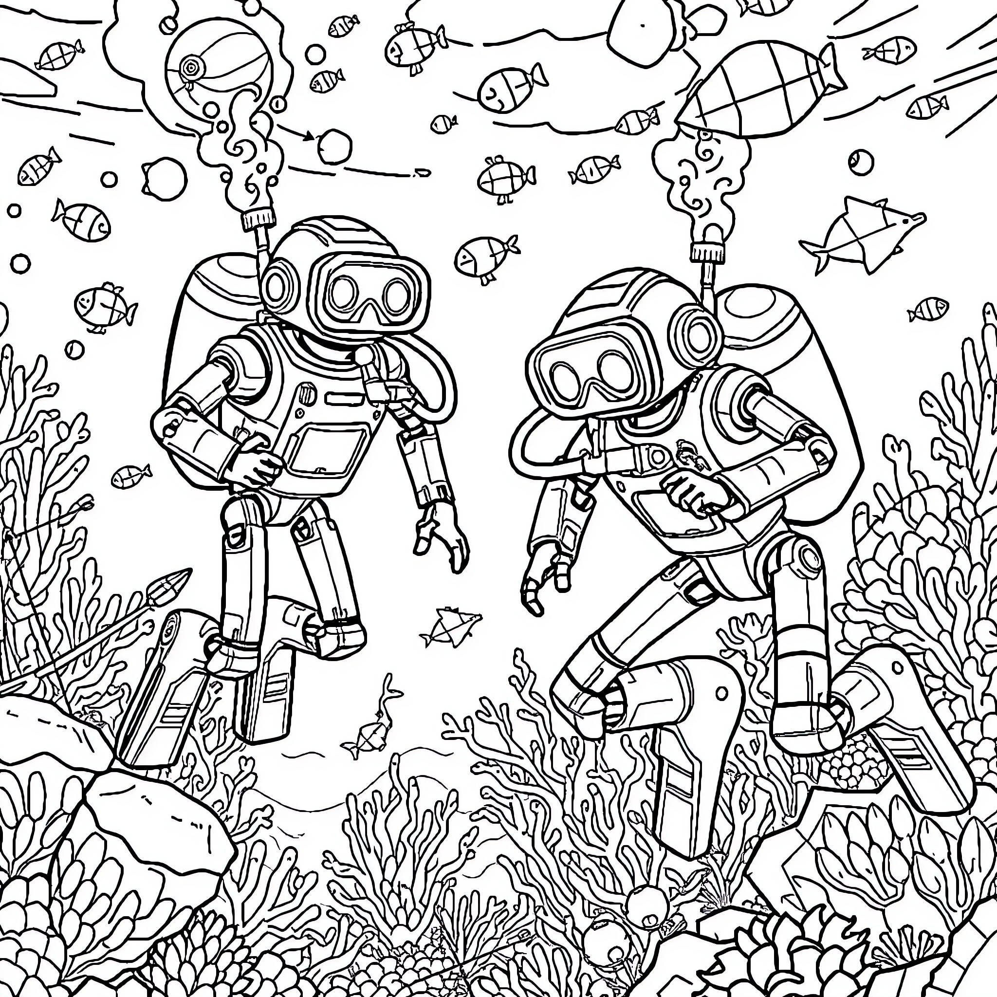 Robot Explorers Investigate Underwater Coral Reef Coloring Page (free black-and-white line drawing printable PDF for all, from beginners to advanced learners, including children, teens, adults, and seniors)
