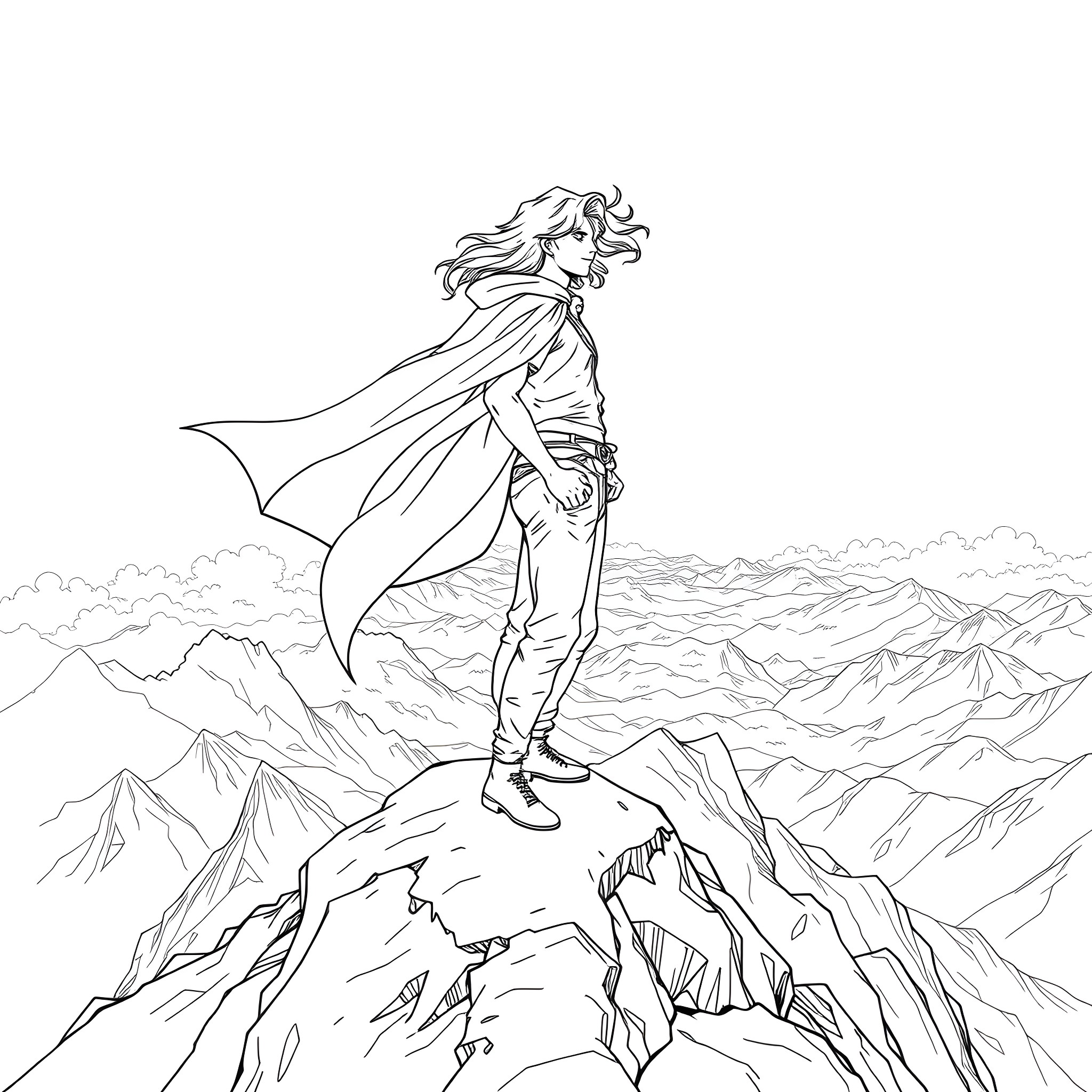 Vincent Valentine's Heroic Stance amidst Rugged Terrain Coloring Page (free black-and-white line drawing printable PDF for all, from beginners to advanced learners, including children, teens, adults, and seniors)