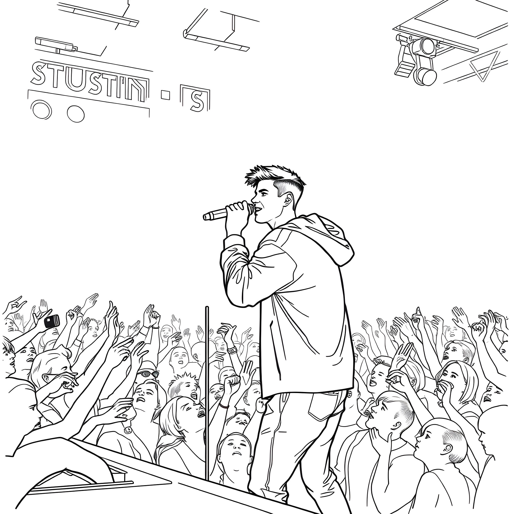Justin Bieber Performing on Stage for Adoring Fans Coloring Page (free black-and-white line drawing printable PDF for all, from beginners to advanced learners, including children, teens, adults, and seniors)