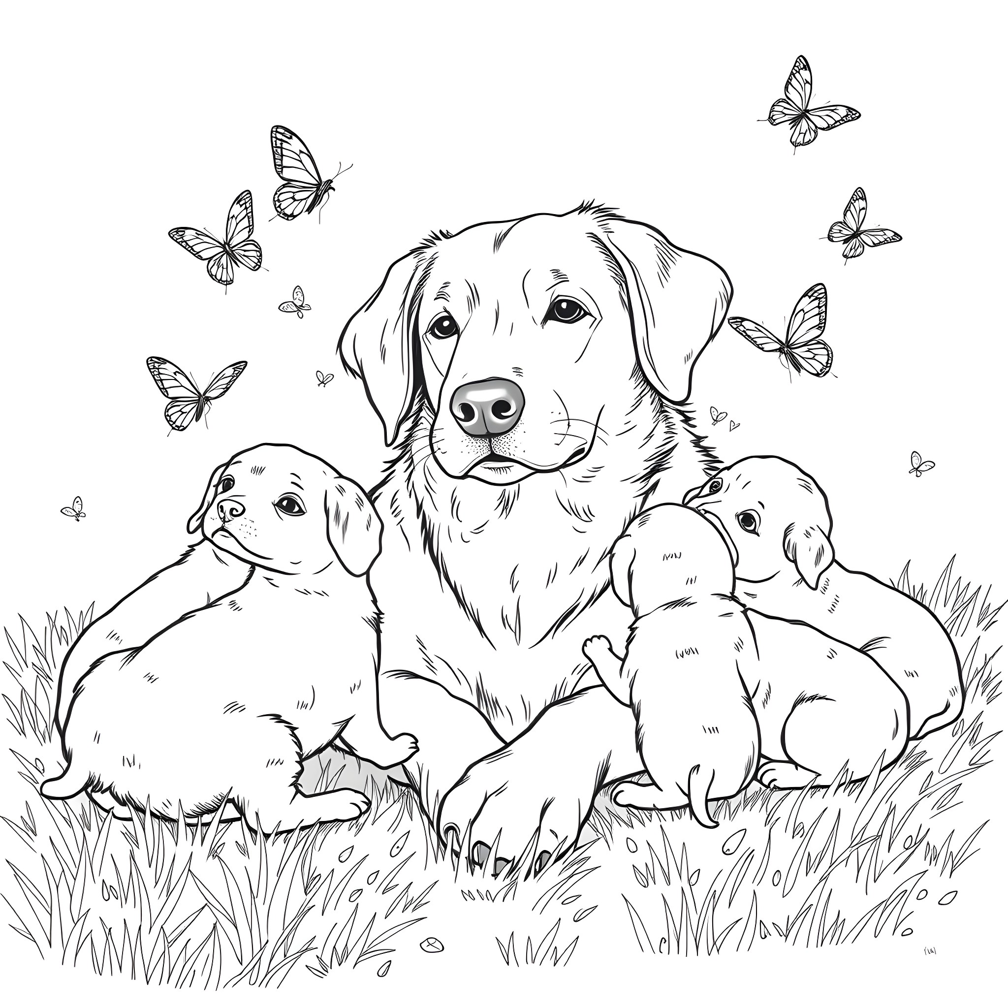 Dog and puppies playing with butterflies Coloring Page (free black-and-white line drawing printable PDF for all, from beginners to advanced learners, including children, teens, adults, and seniors)