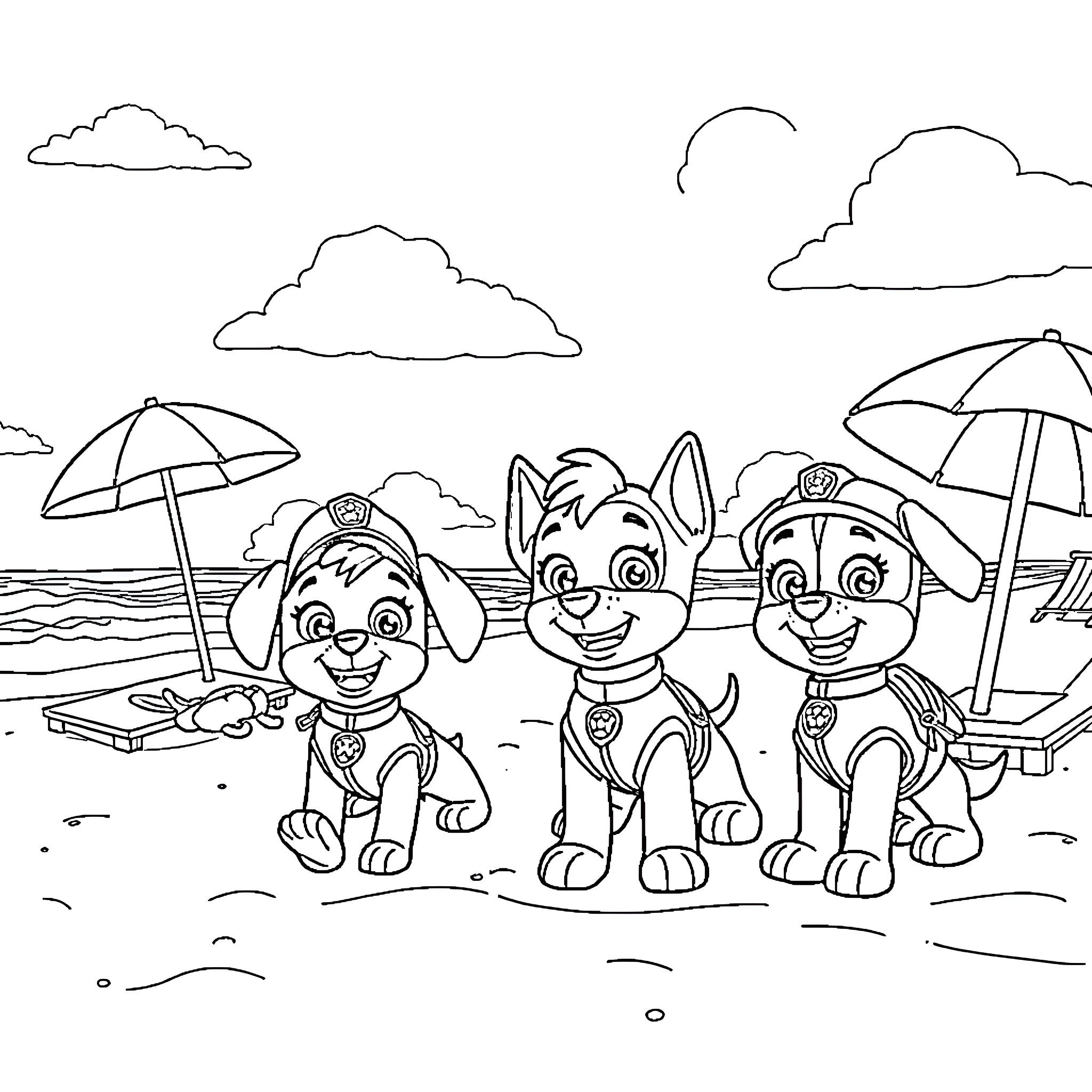 Paw Patrol Characters Enjoying Beach Day Coloring Page (free black-and-white line drawing printable PDF for all, from beginners to advanced learners, including children, teens, adults, and seniors)