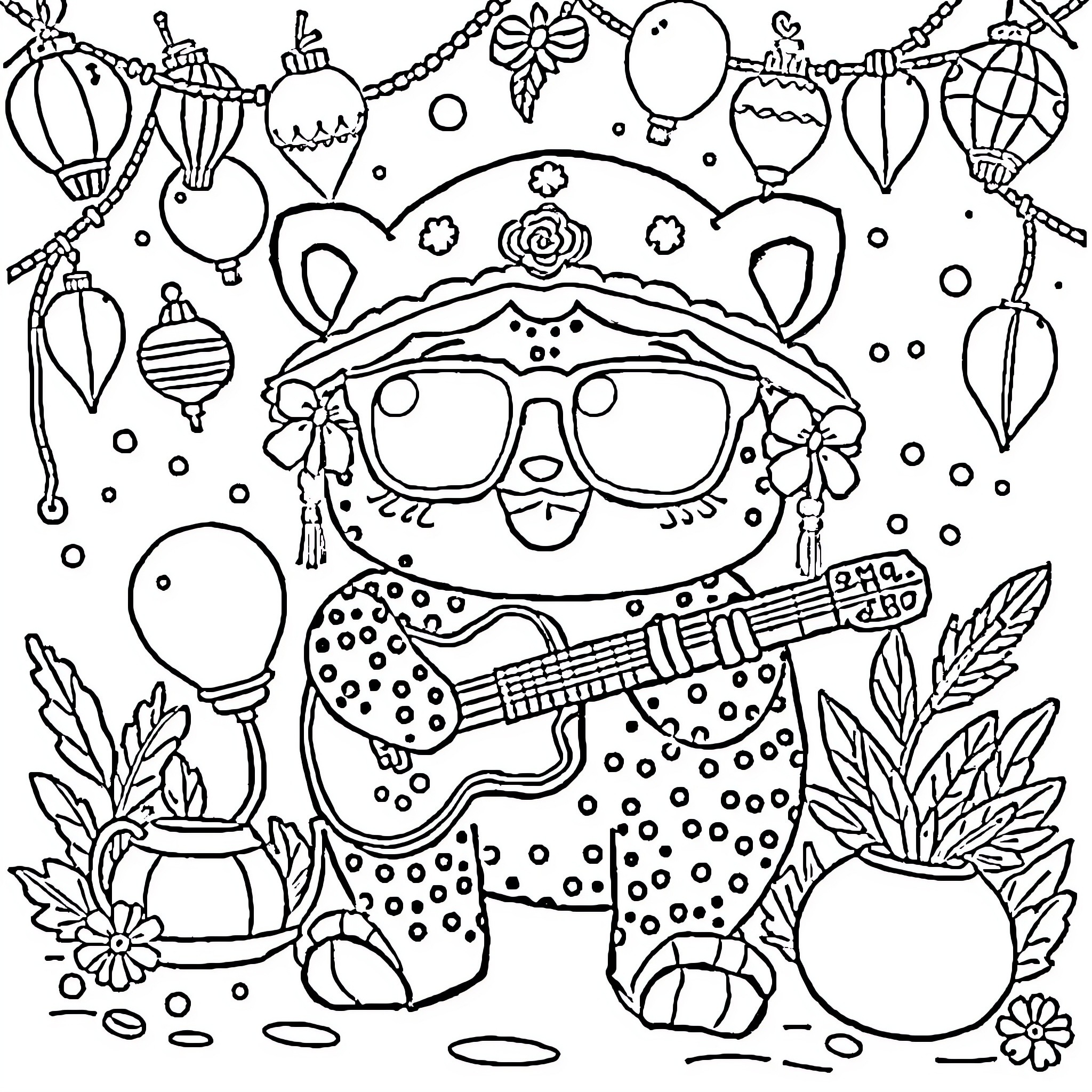 Laboo's Whimsical Celebration with Instruments and Decorations Coloring Page (free black-and-white line drawing printable PDF for all, from beginners to advanced learners, including children, teens, adults, and seniors)
